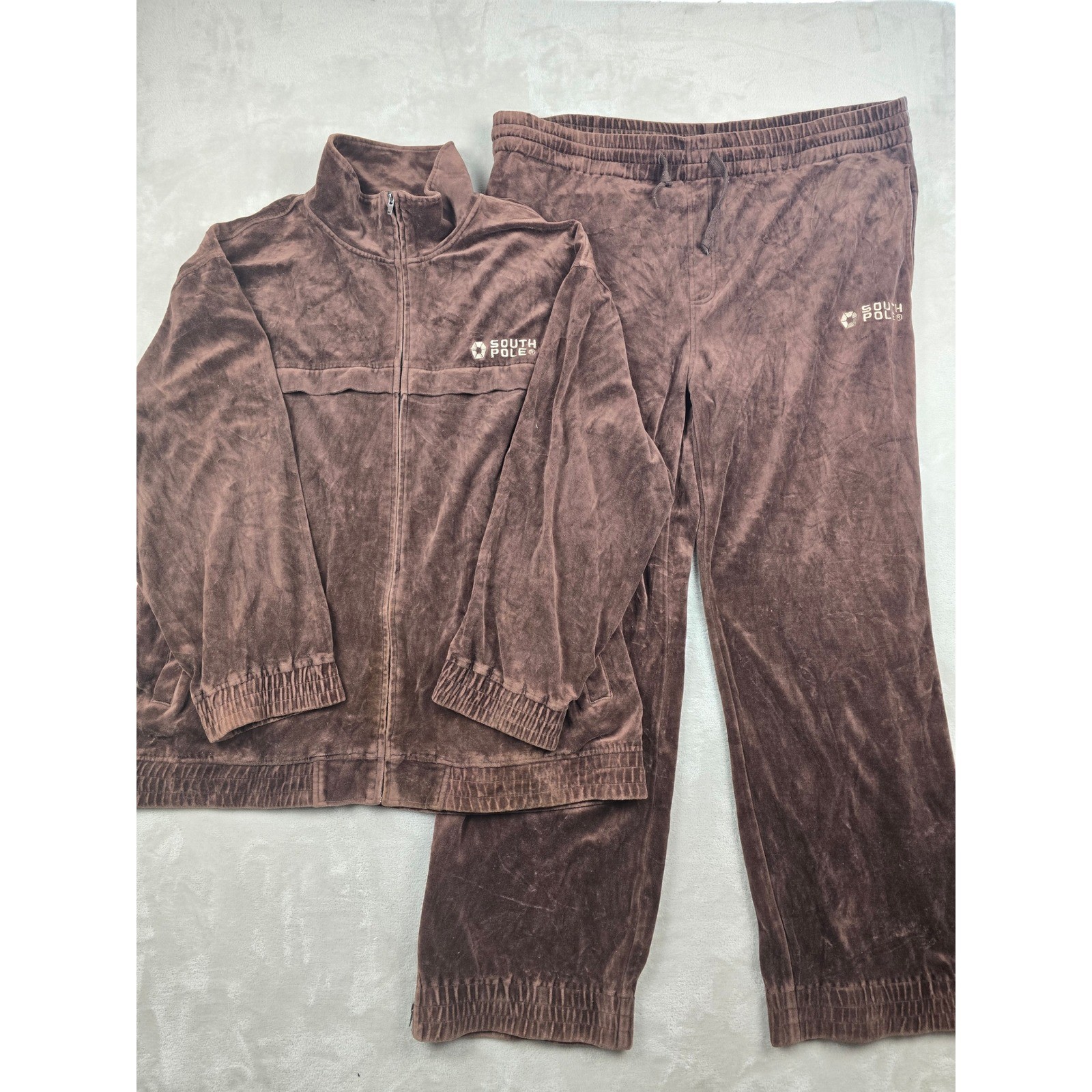 Vintage Southpole Velour Tracksuit Men 2XL Brown Full Zip Y2K Baggy Hip Hop Read