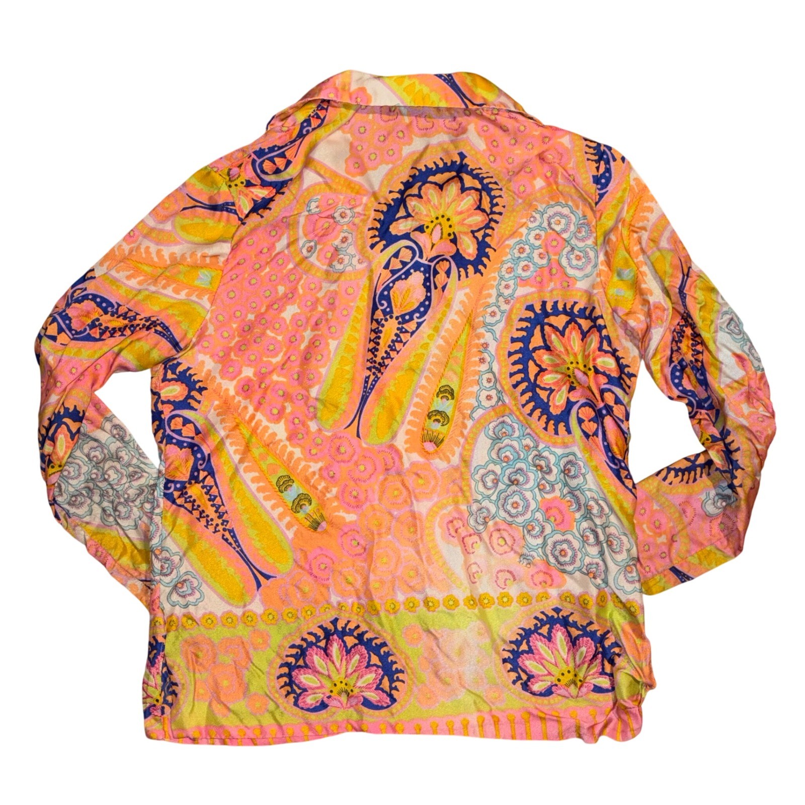 Vintage 70s Pykettes Womens Psychedelic Paisley Floral Button Down Blouse Pink