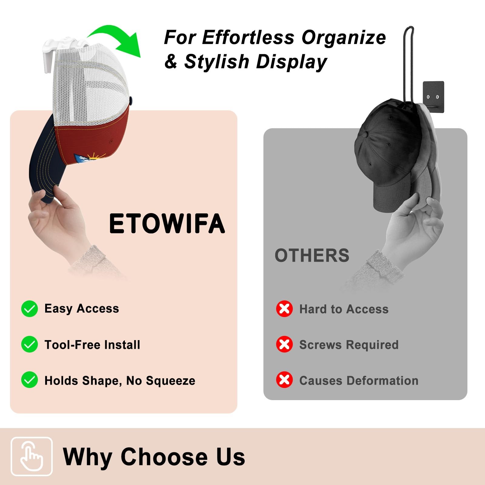 ETOWIFA Adhesive Hat Hooks for Wall (12-Pack), No-Drilling White 12 Pack