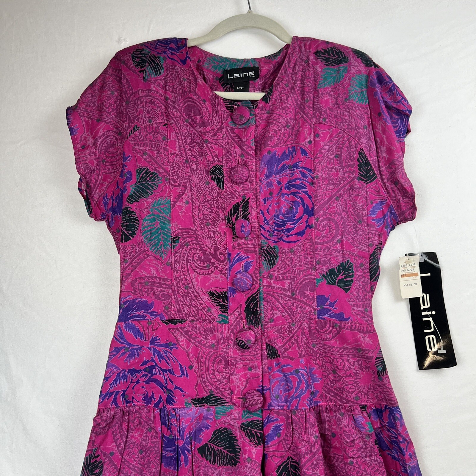 VTG Laine USA Dress Women Size 13/14 Floral Rayon Short Sleeve Max
