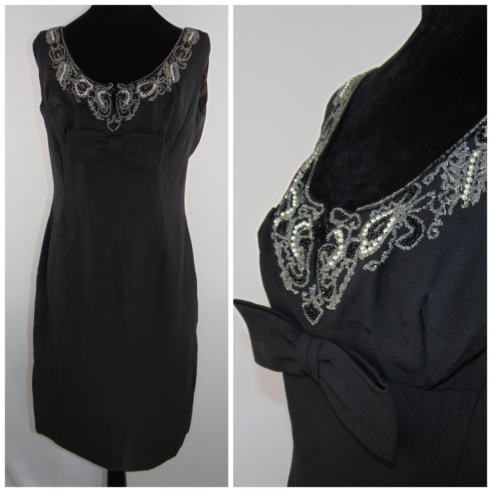 1950s Vintage Wiggle Dress Pin Up Black Beaded Sleeveless Pencil Rockabilly M