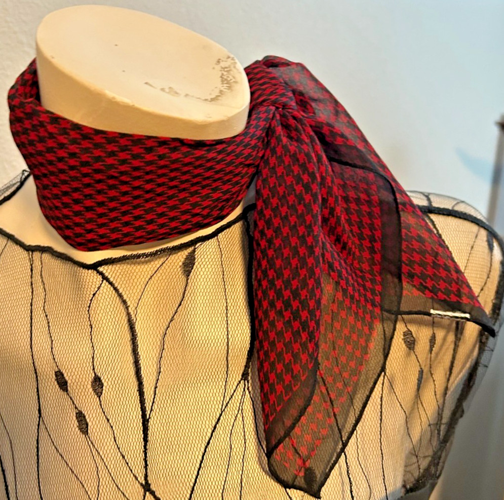 Harolds – Vintage 19.5 x 19 In. Red, Black, Color Geometric Silk Scarf -VS-98