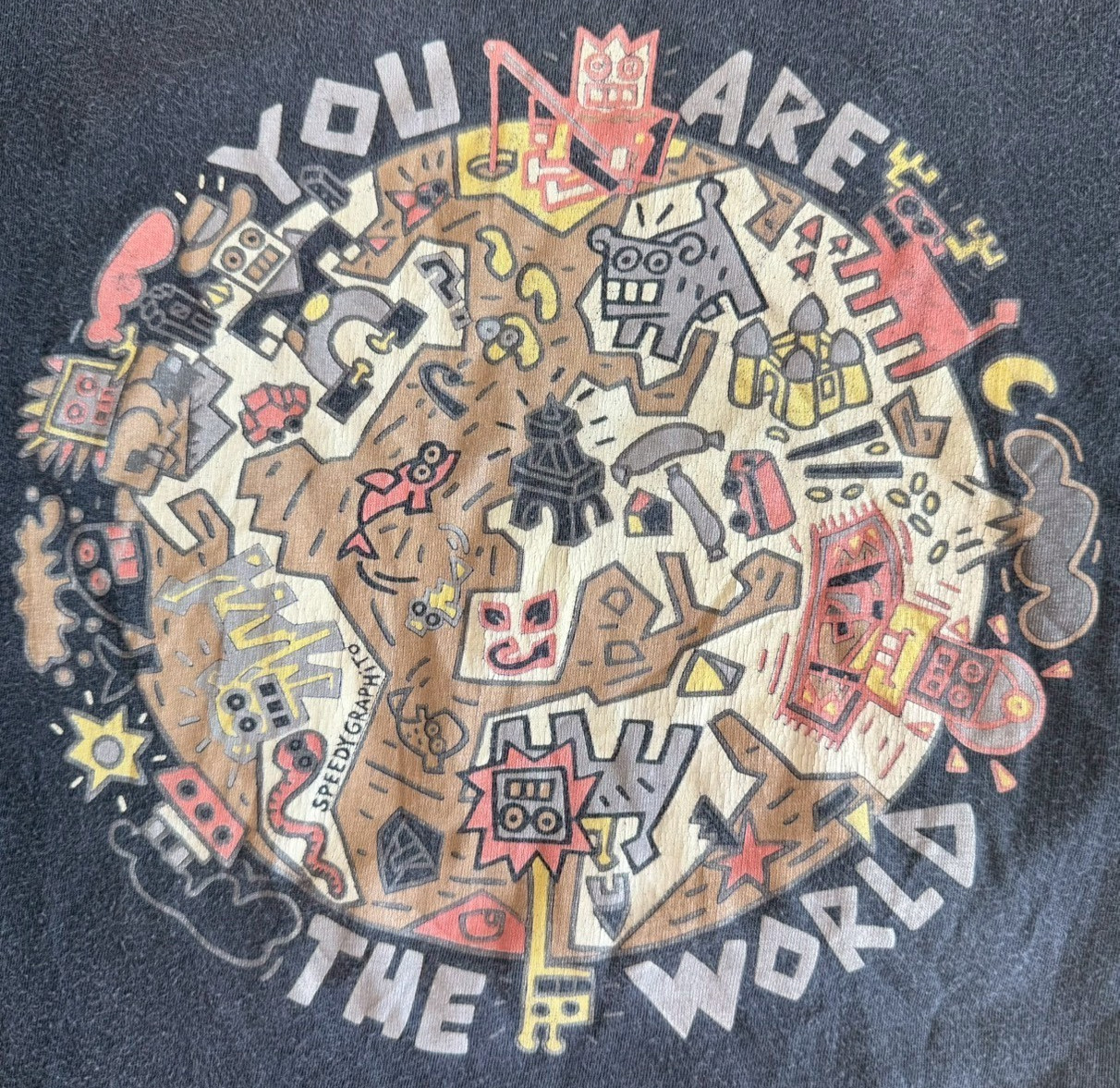 Vintage 1987 Speedy Graphito You Are The World Art T Shirt Single Stitch XL Fade