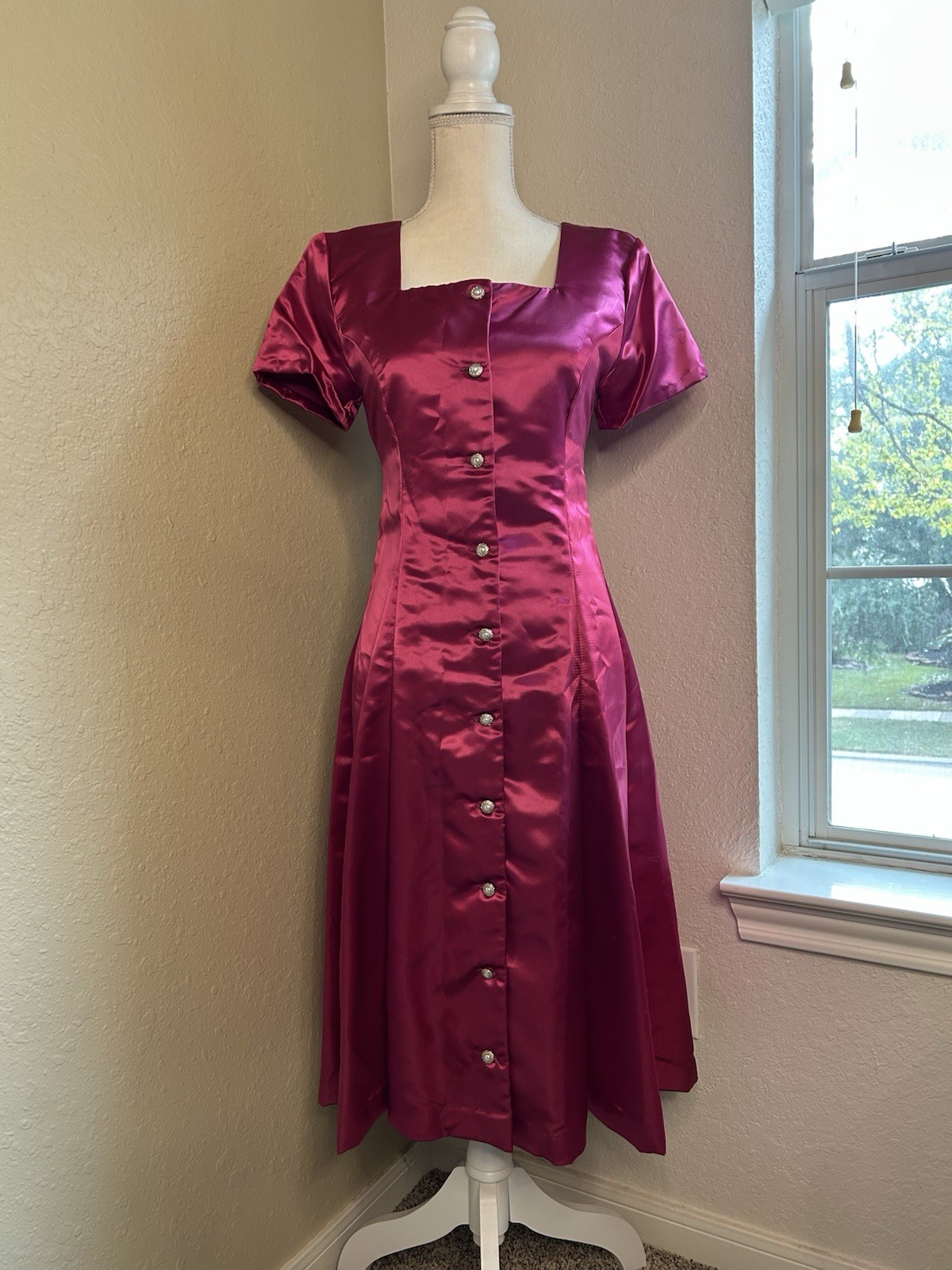 Vintage Handmade Fuschia Satin 1960s Midi Dress With Adjustable Bow Tie Cinch