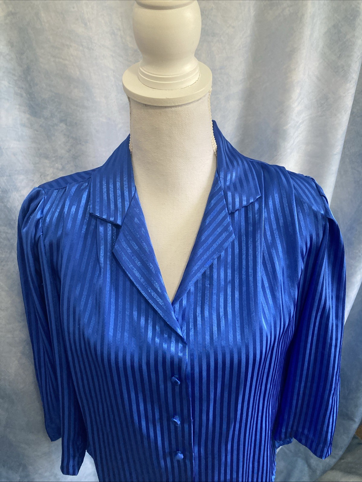 Vintage 80s 166 Royal Blue Silky Satin Secretary Blouse Button Up Top 3/4 Sleeve