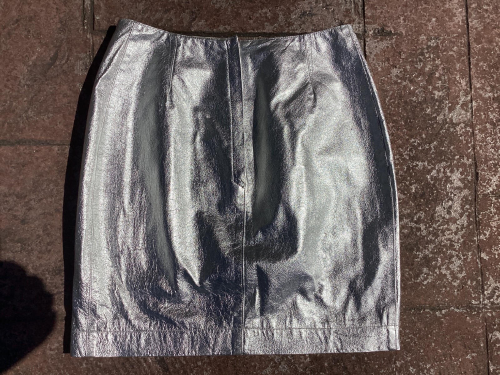 VTG Fred Hayman Beverly Hills Rodeo Dr Silver Foil Patent Leather Miniskirt Sz M