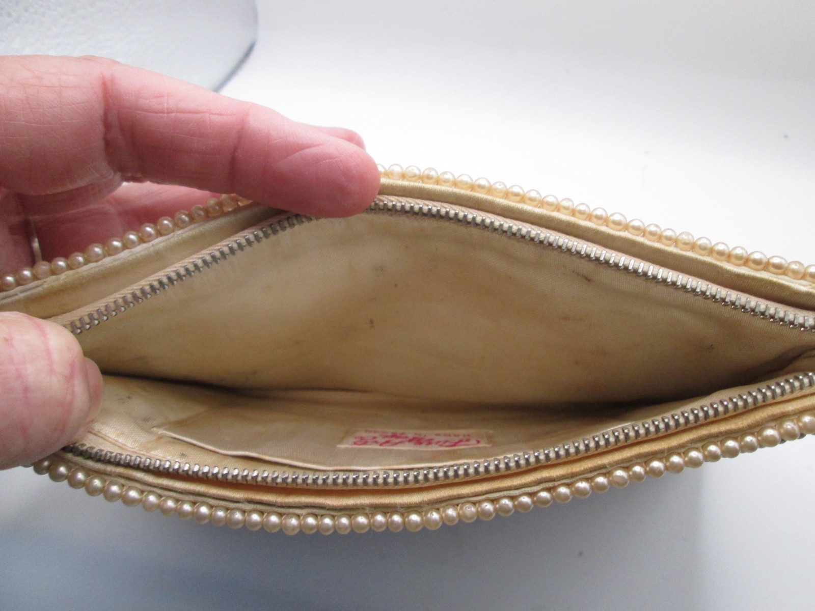 VTG Fine Arts Bag Co Japan Faux Pearl Beaded Evening Bag Clutch Purse Zip Close