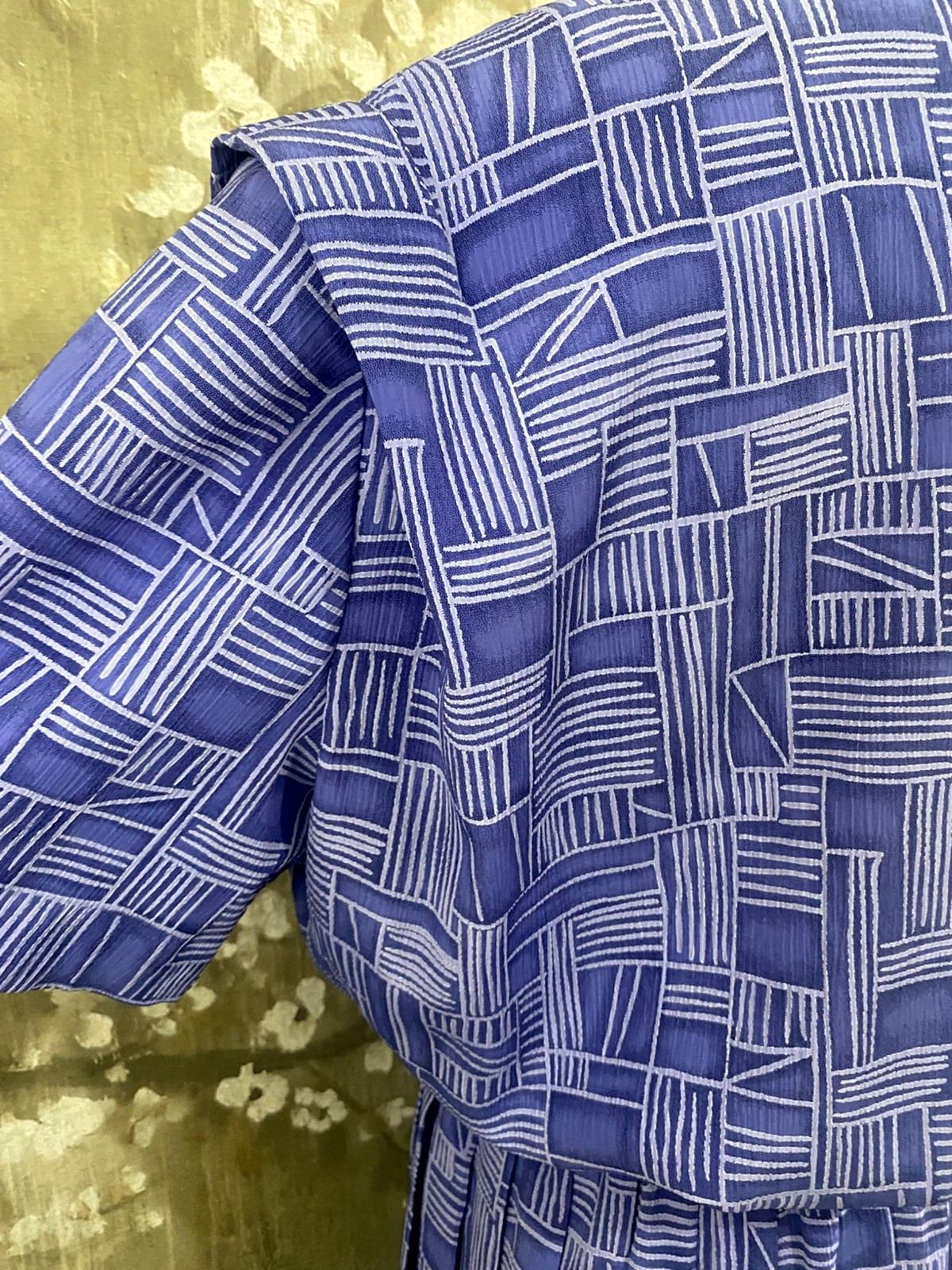 VTG LESLIE FAY SZ 16 Blue Geo Print w/Belt Midi Pleated Secretary Day Dress