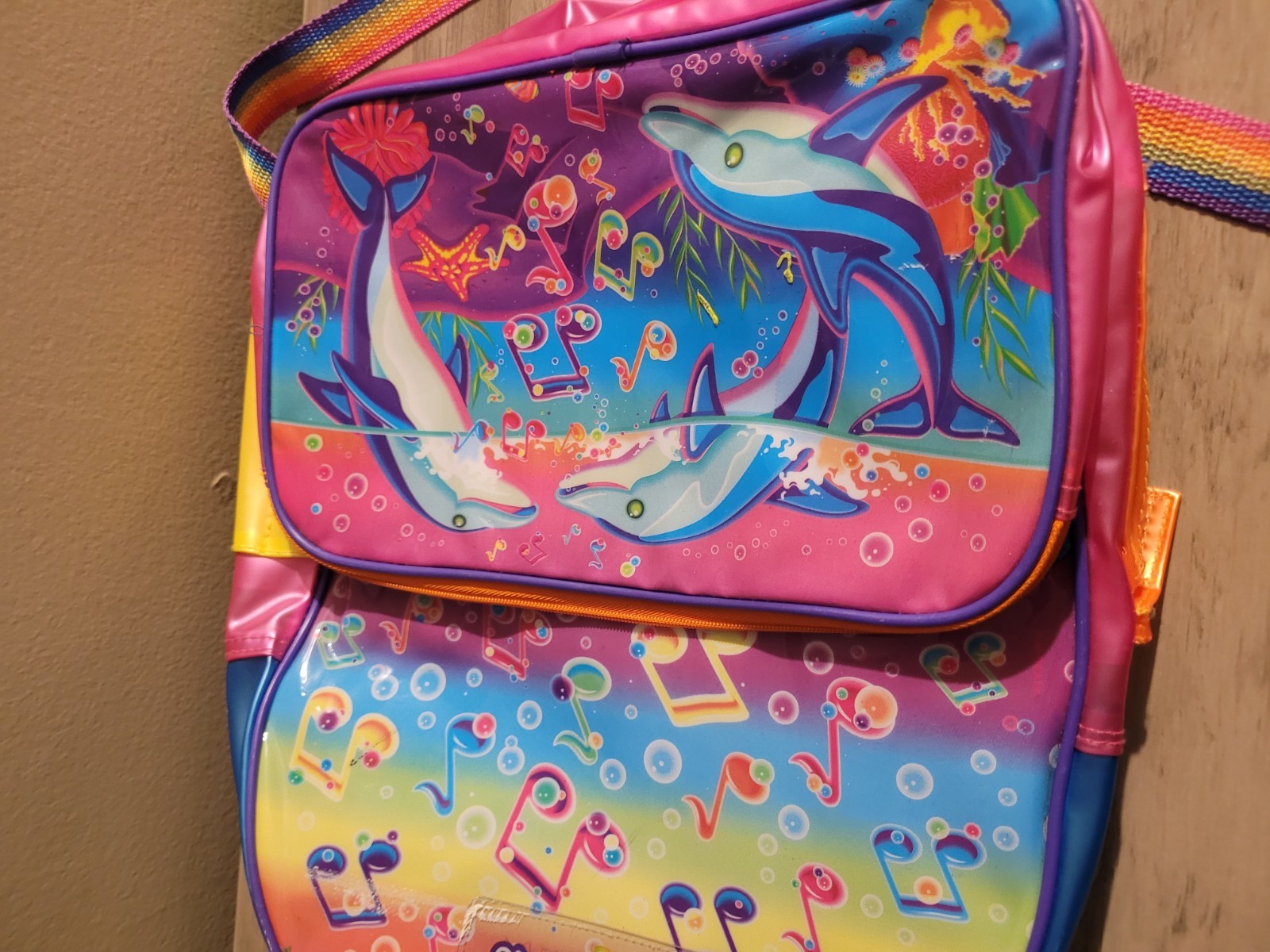 VTG Lisa Frank Backpack Plastic PVC See Thru 90’s Dolphin Music Notes Rainbow