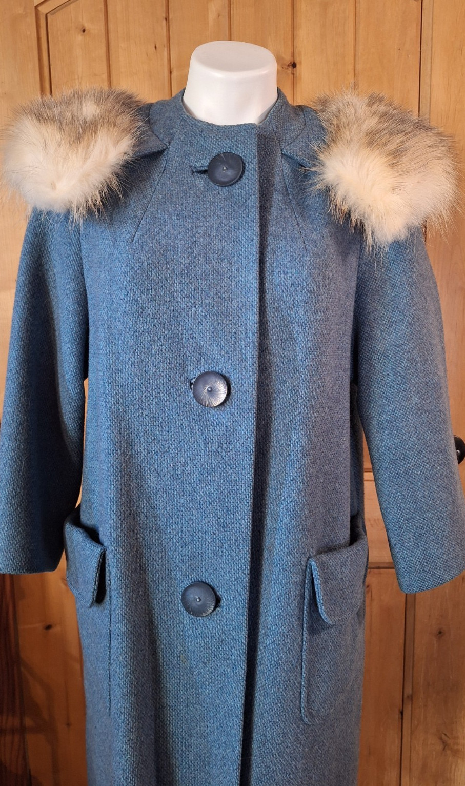 1960s Blue Wool Coat Jacket with Fox Fur Collar Pin Up Rockabilly