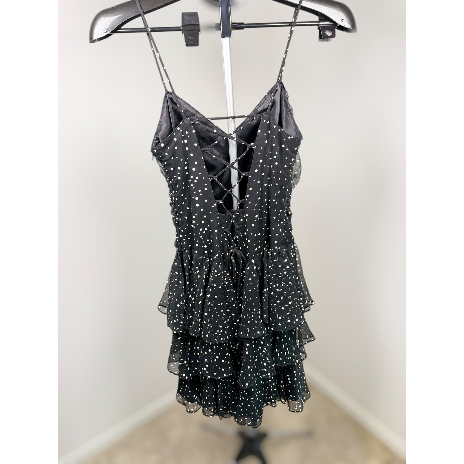 Vintage New Leaf Y2K Polka Dot Tiered Ruffle Mini Dress Whimsigoth Black White