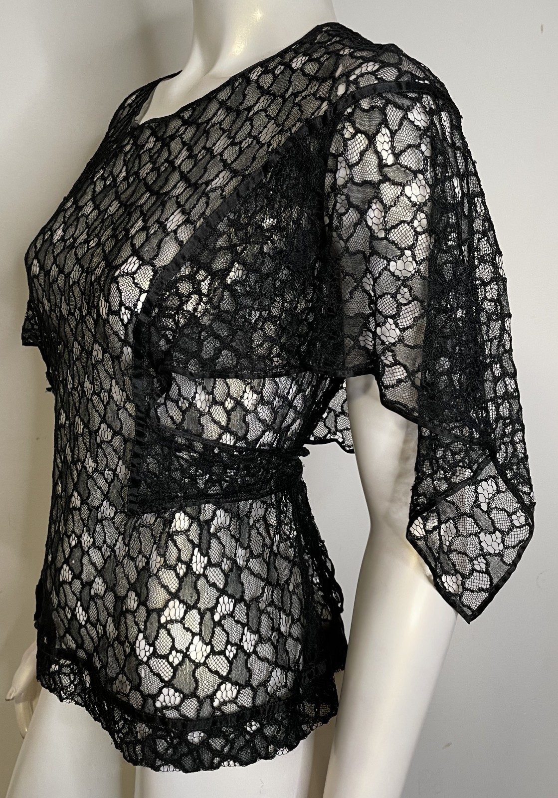 Antique 20s 30s Black Lace Top S M Overlay Flutter Sleeves Tie Evening Art Deco