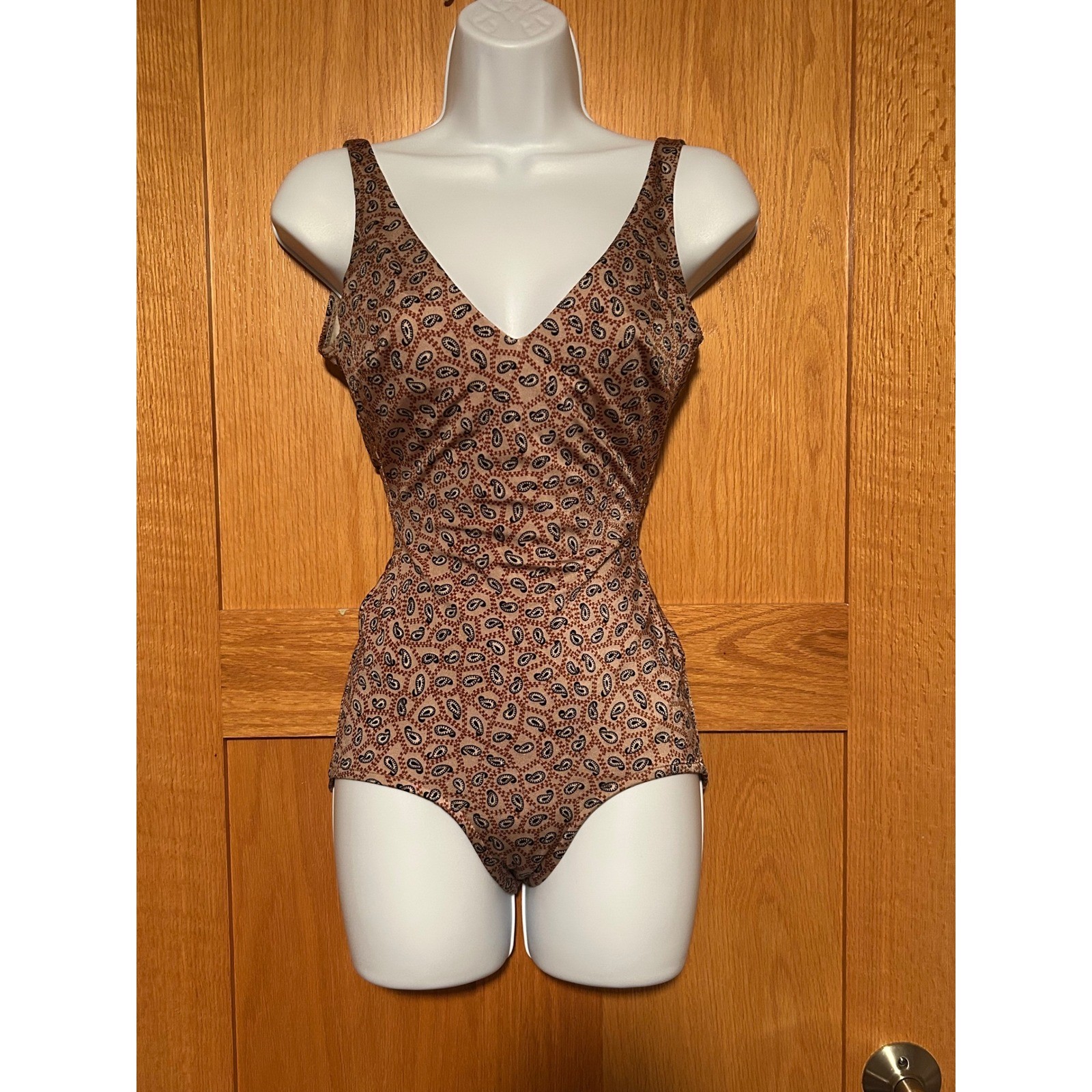 Vintage 70s 80s Cole of California Paisley One Piece Swimsuit Brown Red V-Neck