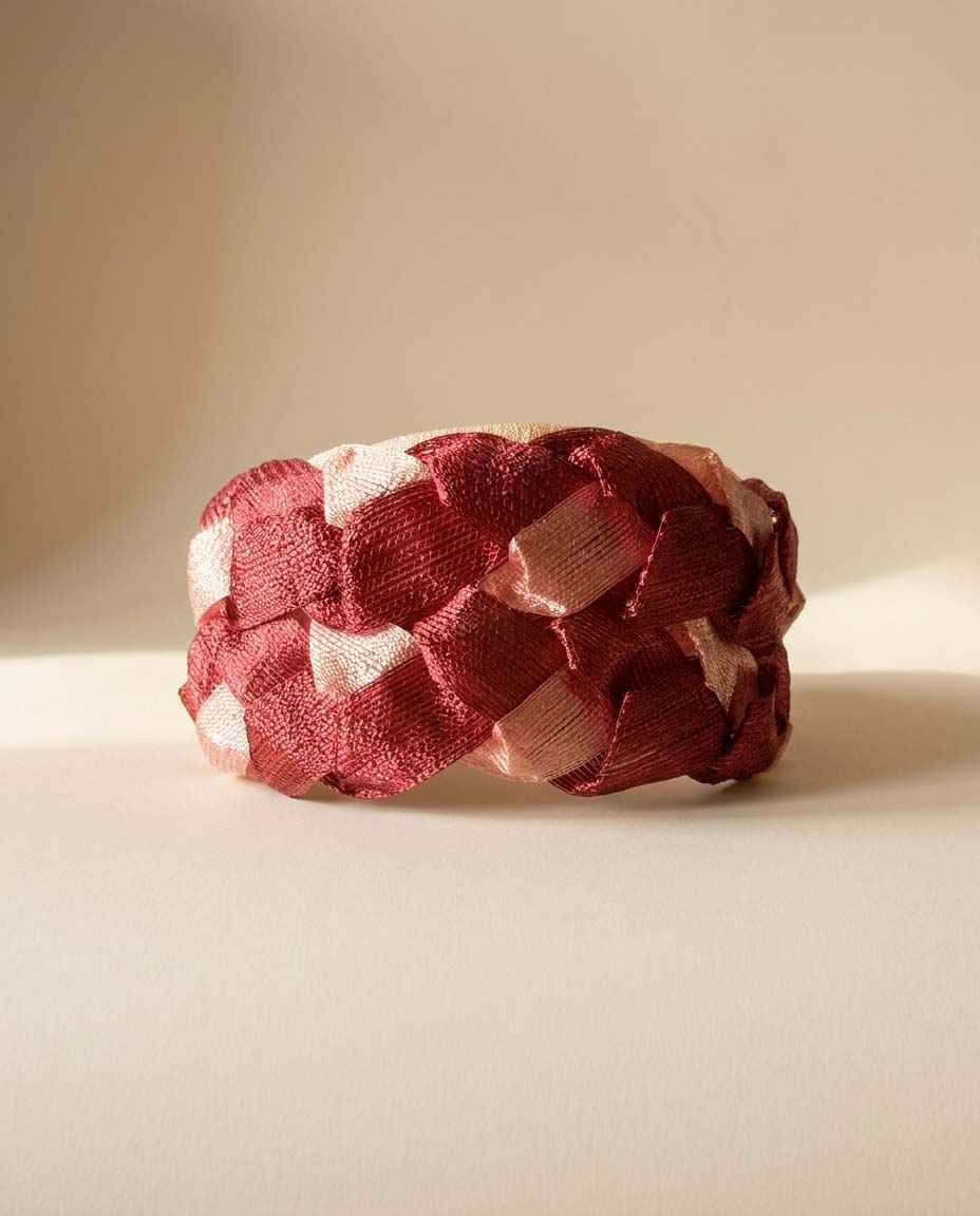 Vintage Burgundy & Blush Pink Woven Ribbon Pillbox Hat | 1960s Sculptural