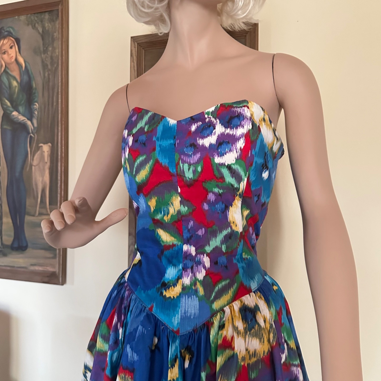 Vintage 1980s does 50s Bombshell Strapless Sweetheart Bust Circle Sun Dress M/L