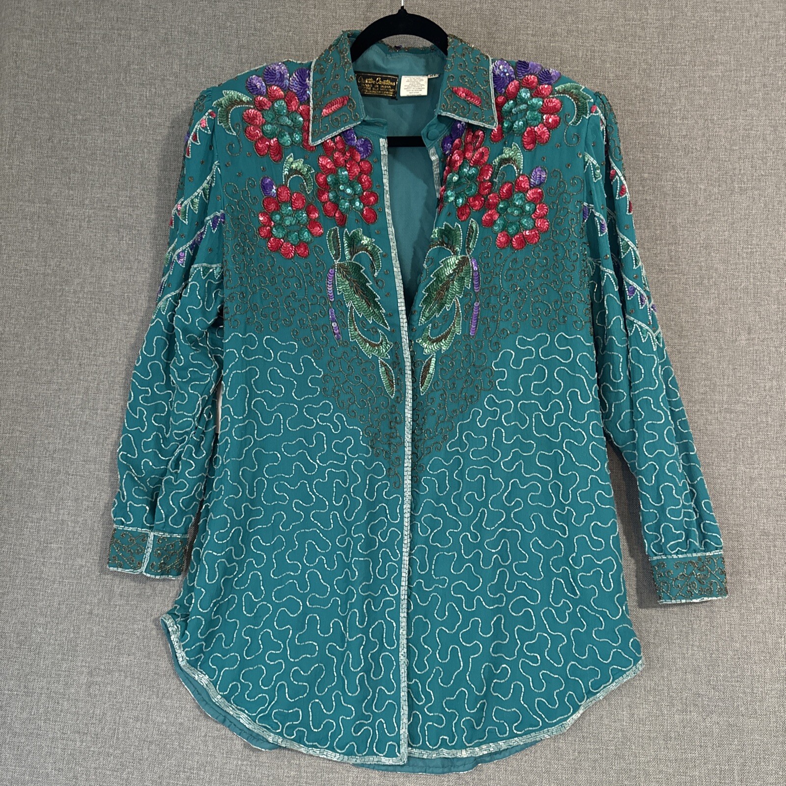 Vtg Creative Creations Womens Extra Large Sequin Silk Shirt Jacket R2