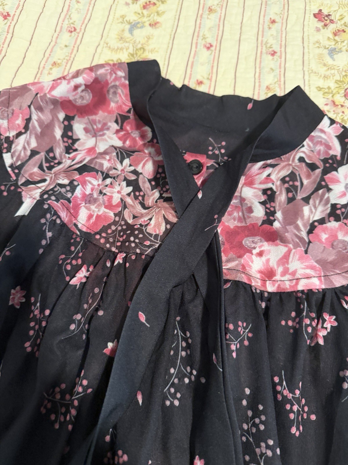True Vintage 70s Floral Hostess Lounge Dress Semi Sheer Tie Neck Cover Up OSFM