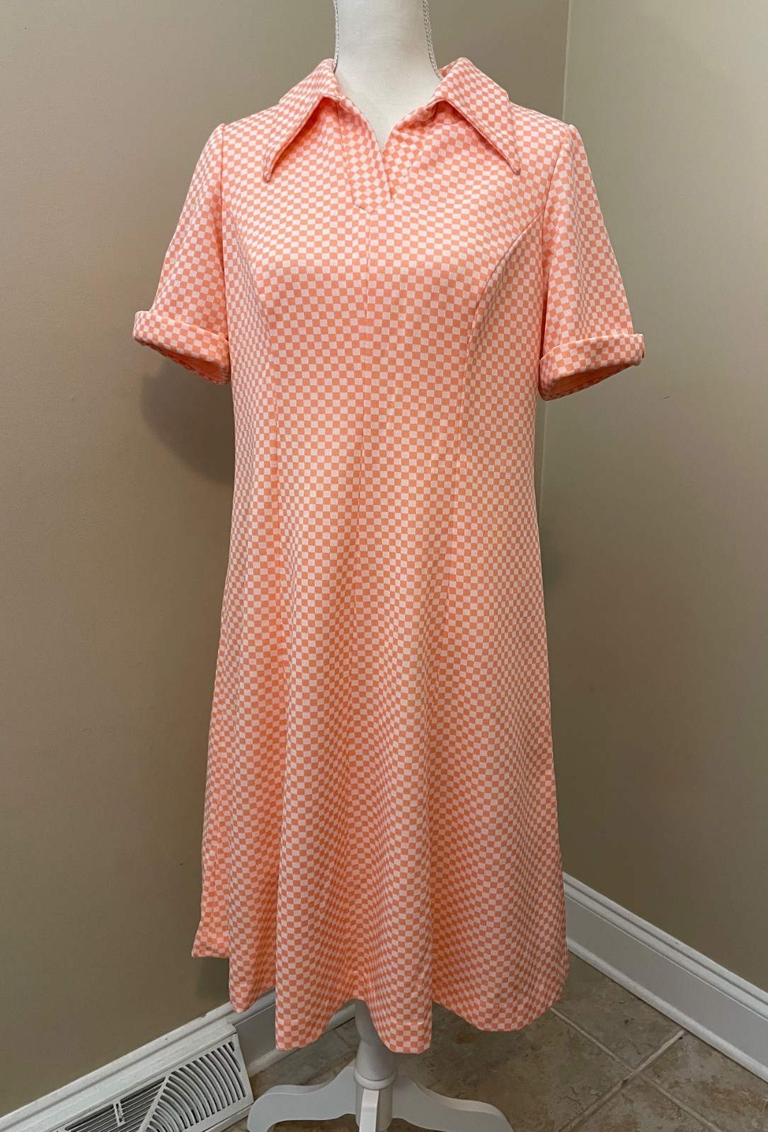 Vintage 1970s Orange & White Checkered Shift Dress – Size Medium