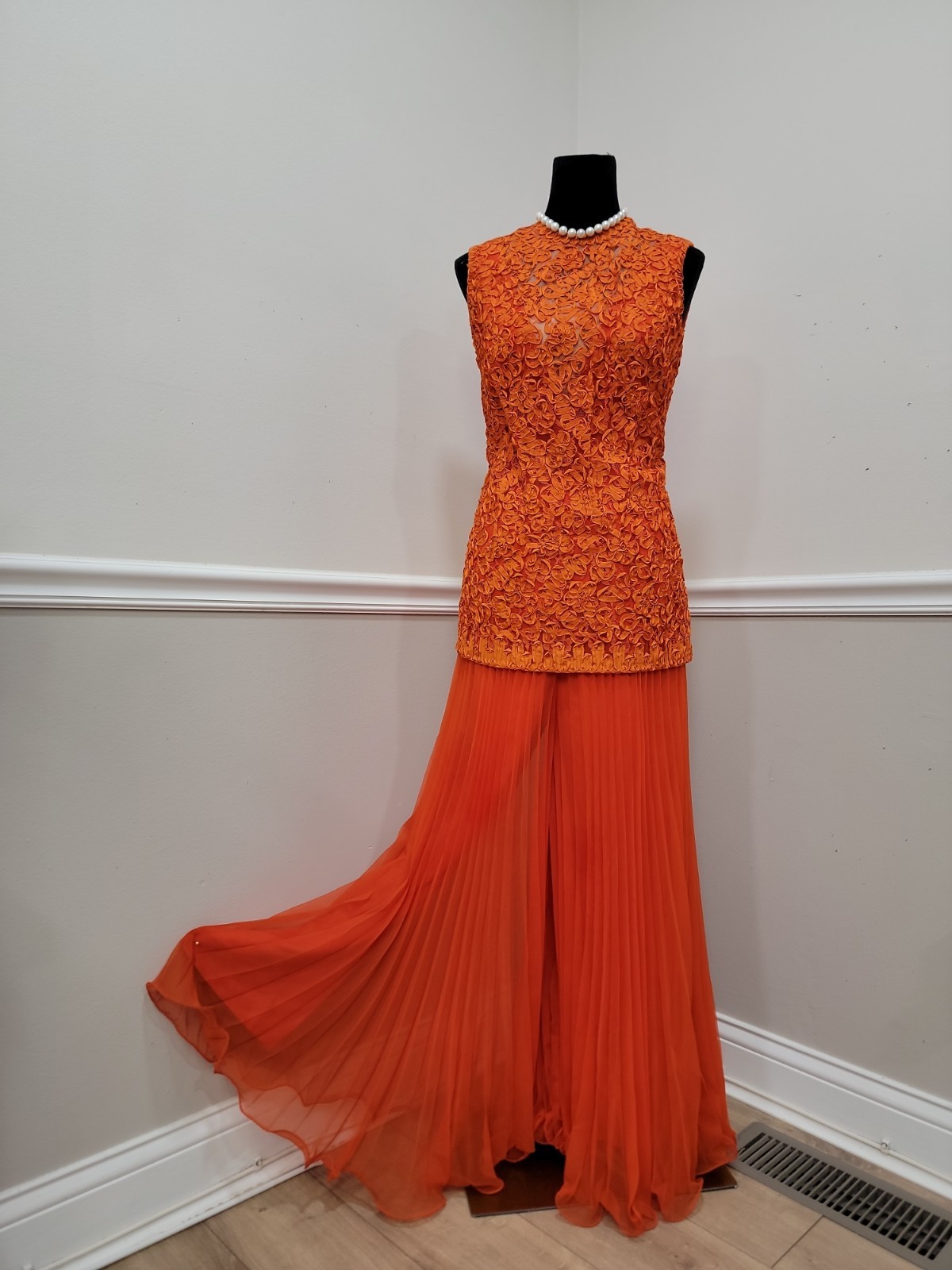 Vintage Jack Bryan Orange Palazzo Jumpsuit Pleated Chiffon Lace Formal Evening