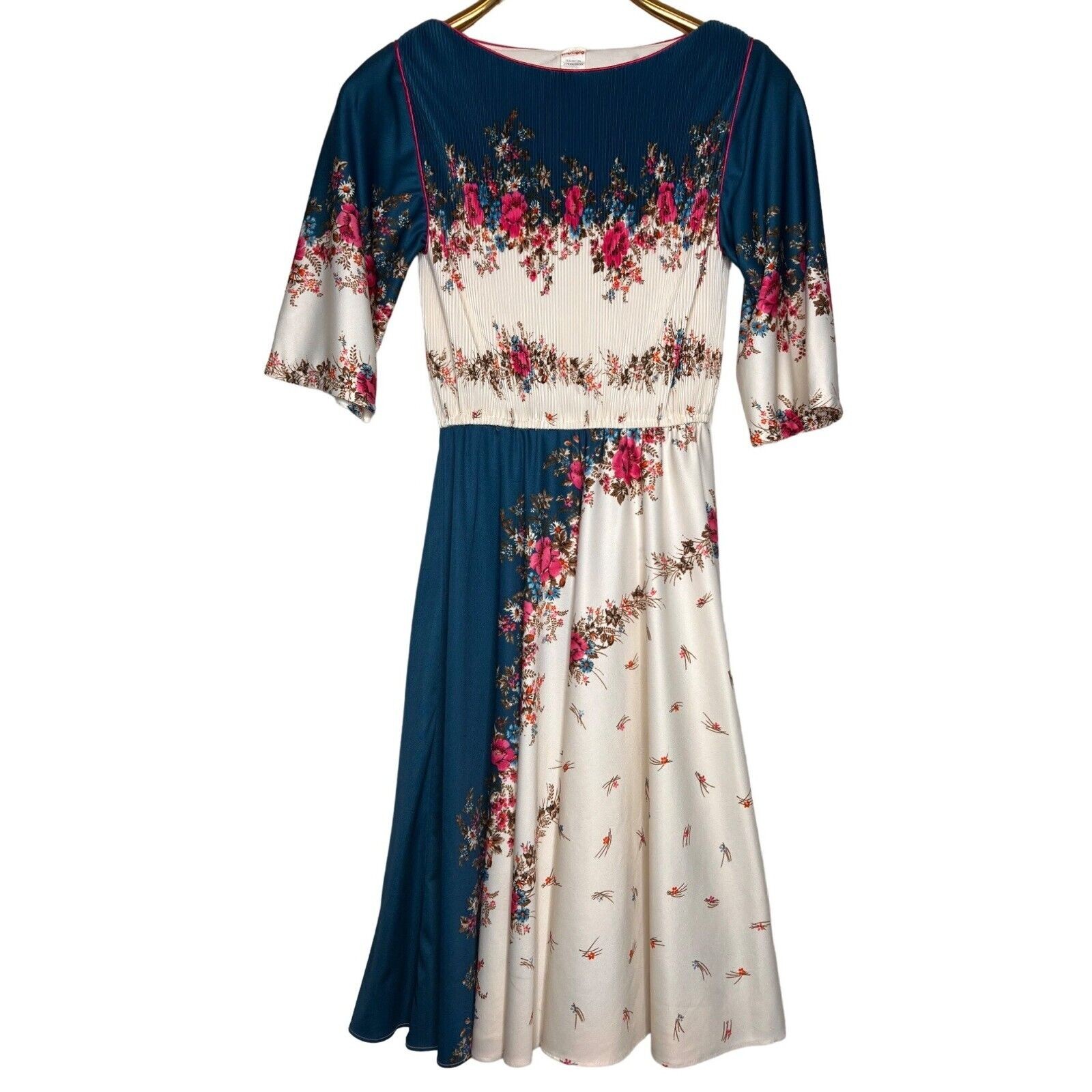 Vintage 70s Piccolo Floral Dress Plisse Bodice Cotton Blend Disco Womens 4