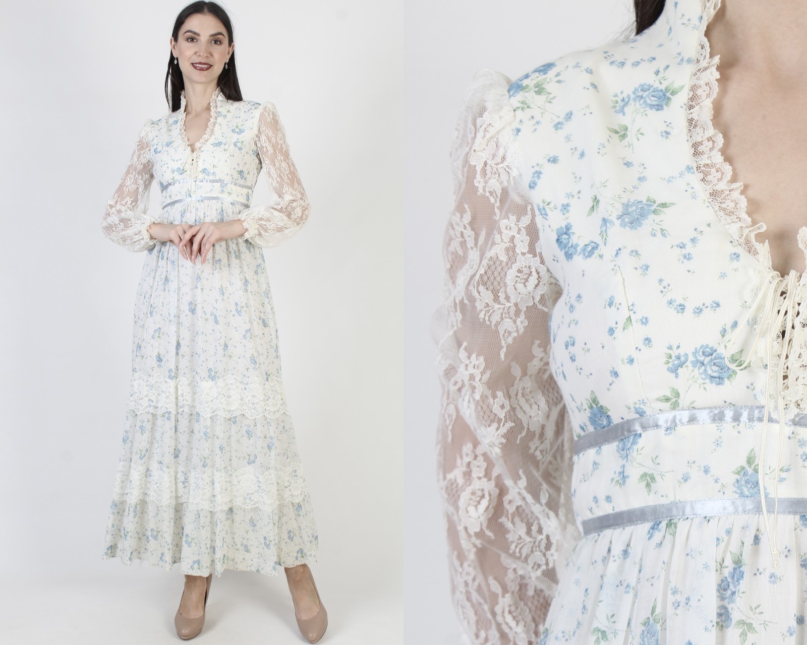 Vtg White Calico Corset Dress 70s Prairie Cottagecore Peasant Boho Wedding Gown