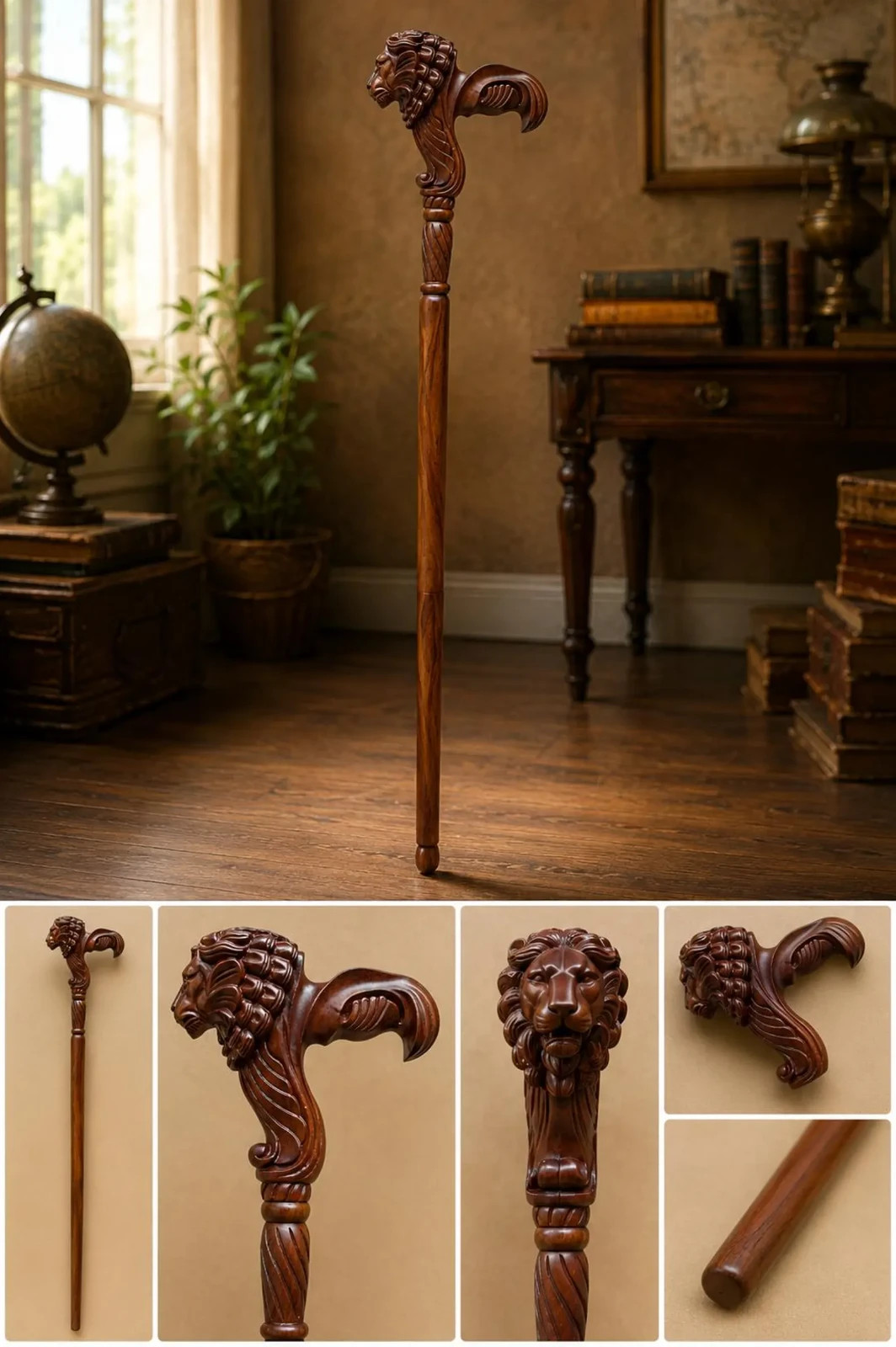 Hand Carved Lion Head Wooden Walking Cane Handmade Walking Stick 30-40 Inch