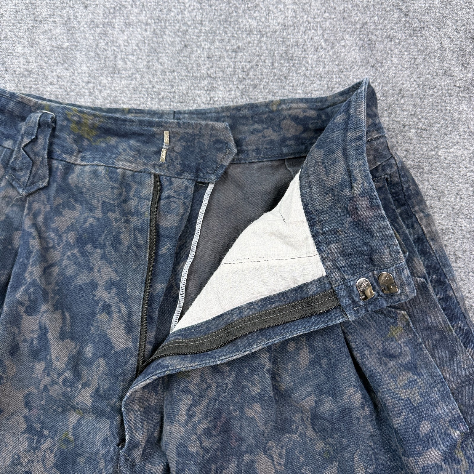 Vintage Mens House Pleated Pants Mens Blue Gray Marbled Print Talon Zip Tapered