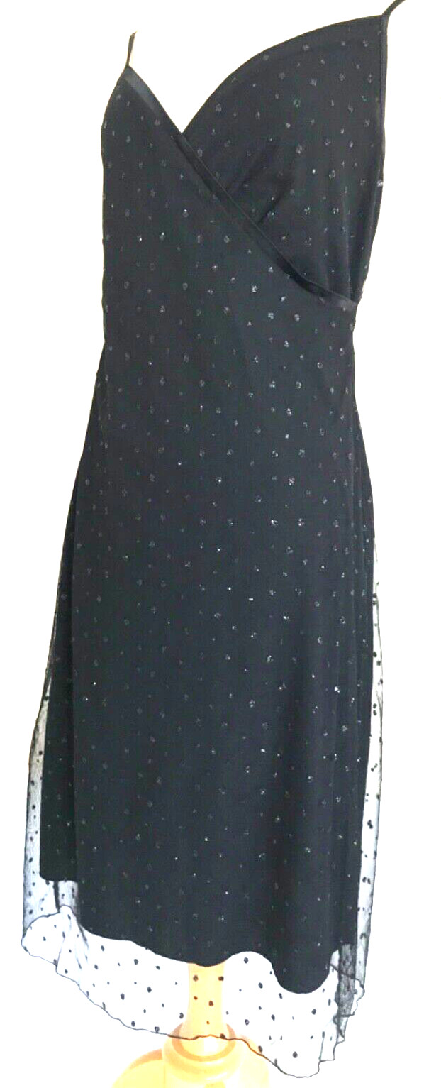Y2K Black Fairy Slip Dress Maxi Midi Bebe L 90s Grunge Sparkle 1990s Goth Sexy
