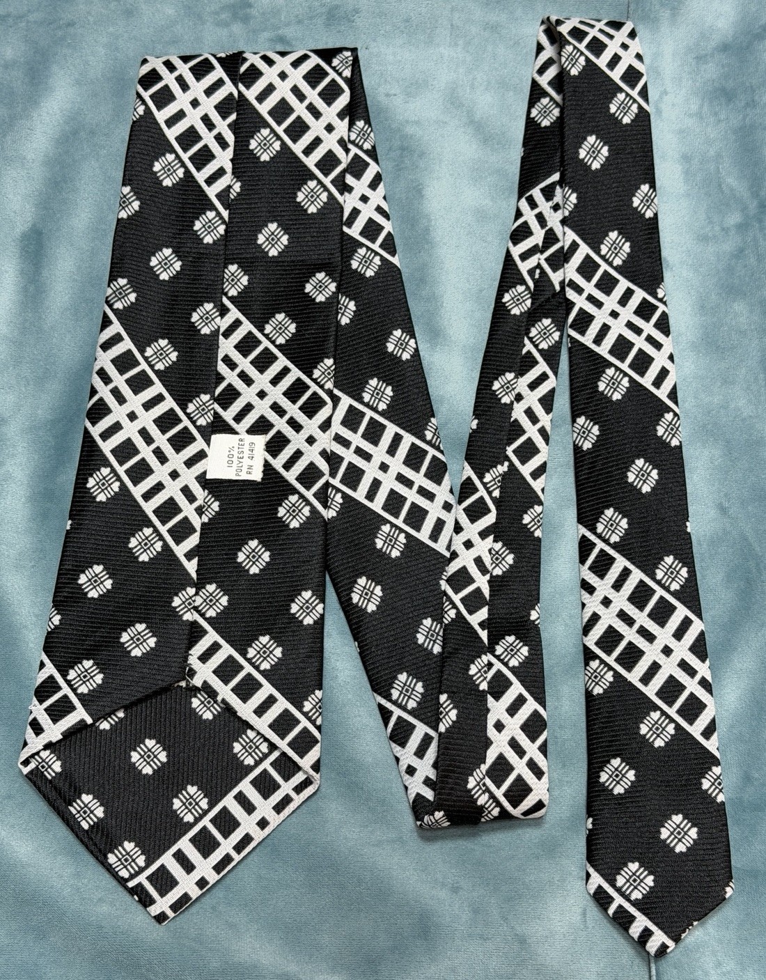 Vintage 70s Modern Geometric Wide Neck Tie Pattern Mix Stripe Black Polyester