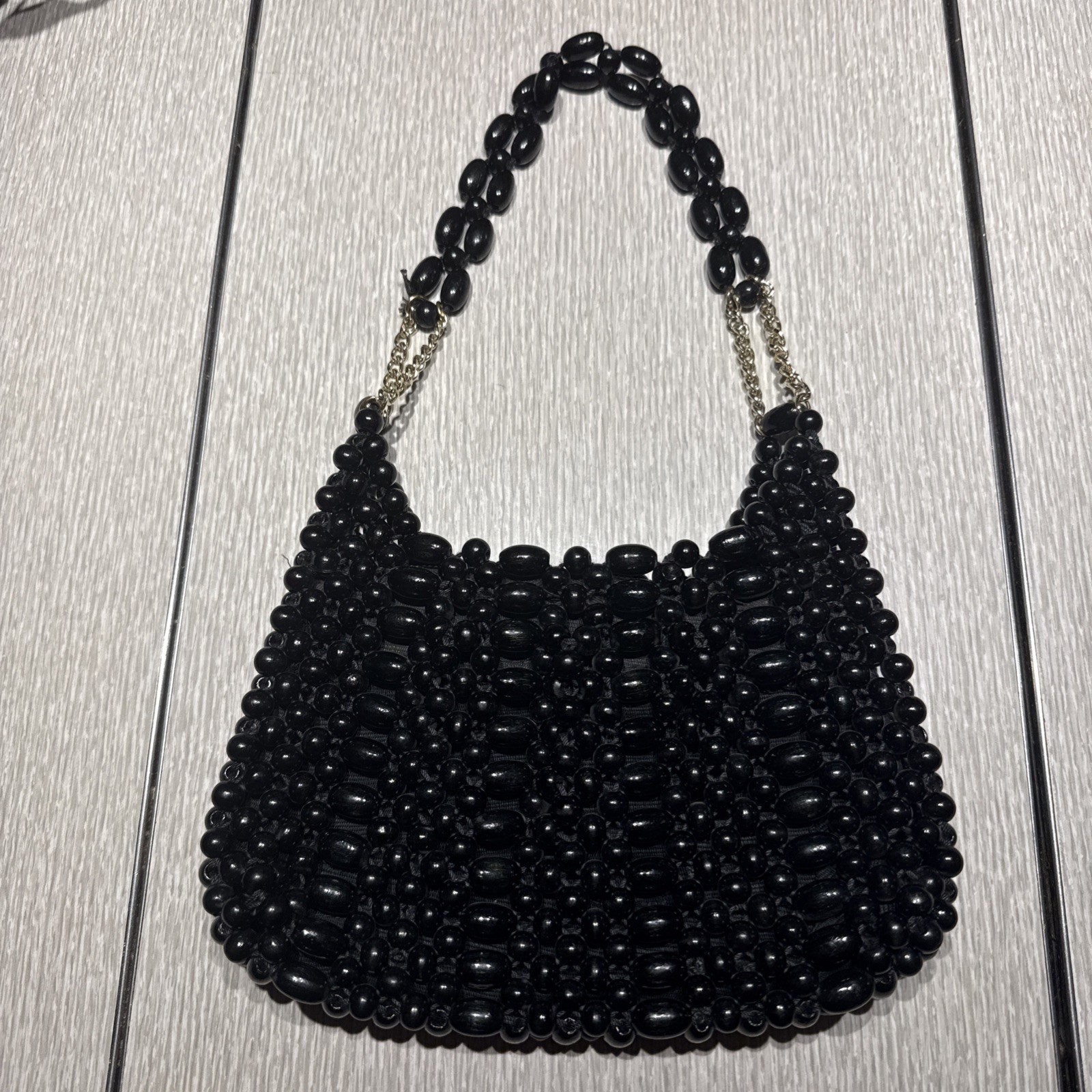 Vintage Shoulder Bag Black Shiny Wooden Beads Gold Chain