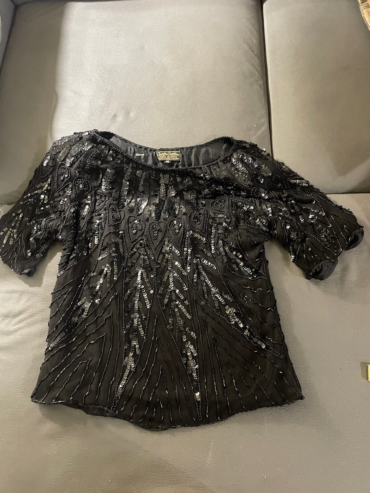 Creative Creations vintage top with beaded sequins 100% black silkSize M#4