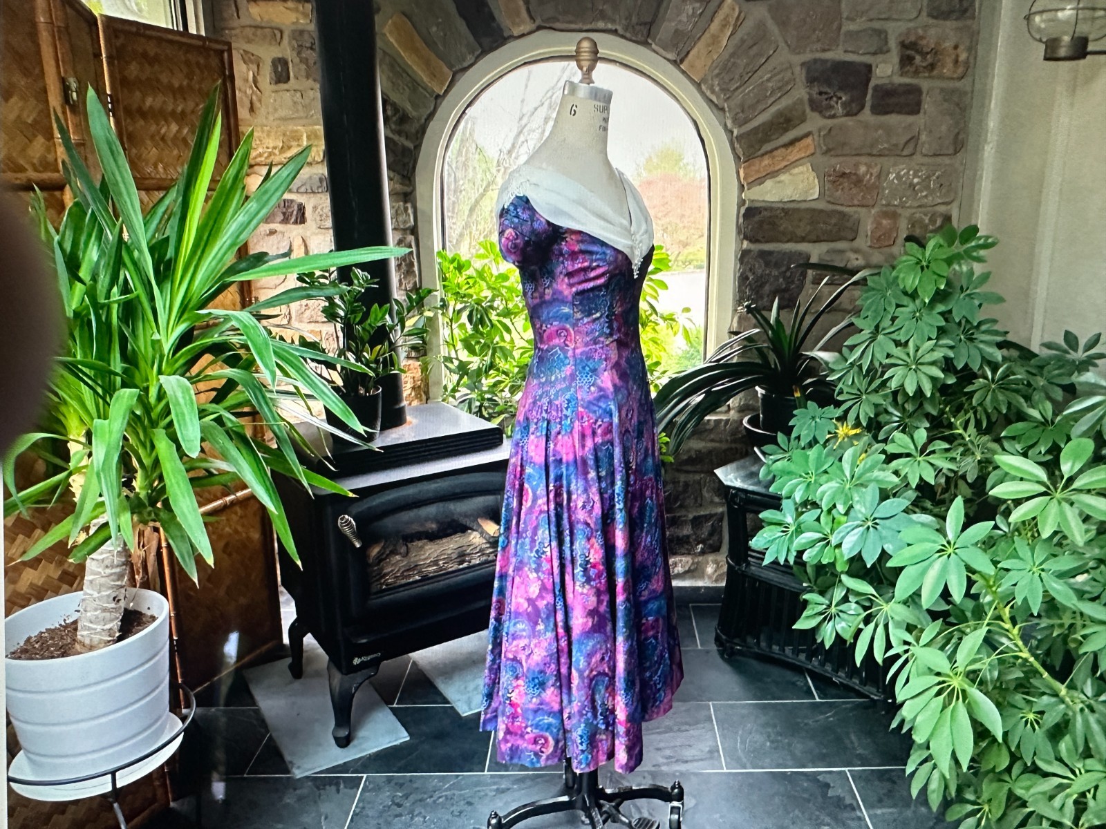 Vintage 1980s Off Shoulder Dress Deep Plum Blue Gold Print Chiffon Lace Neckline
