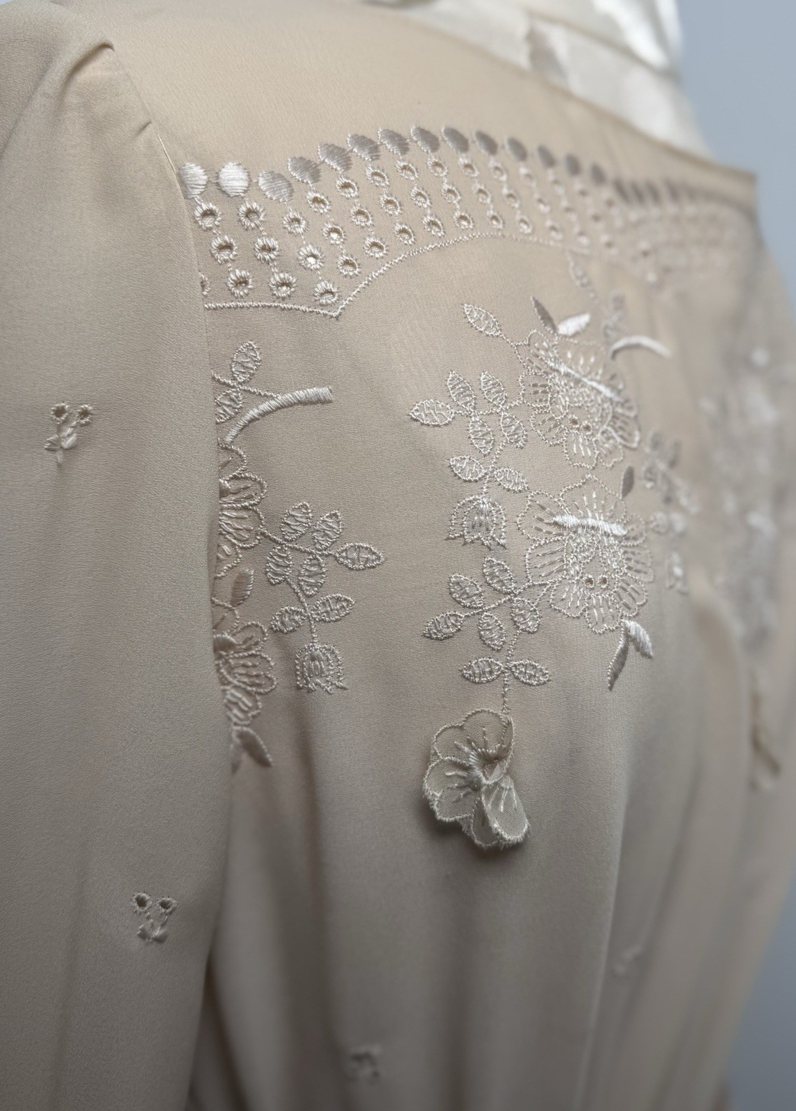Vintage 70s Lace Appliqué Blouse Skirt Set M Sheer Romantic Chiffon Midi