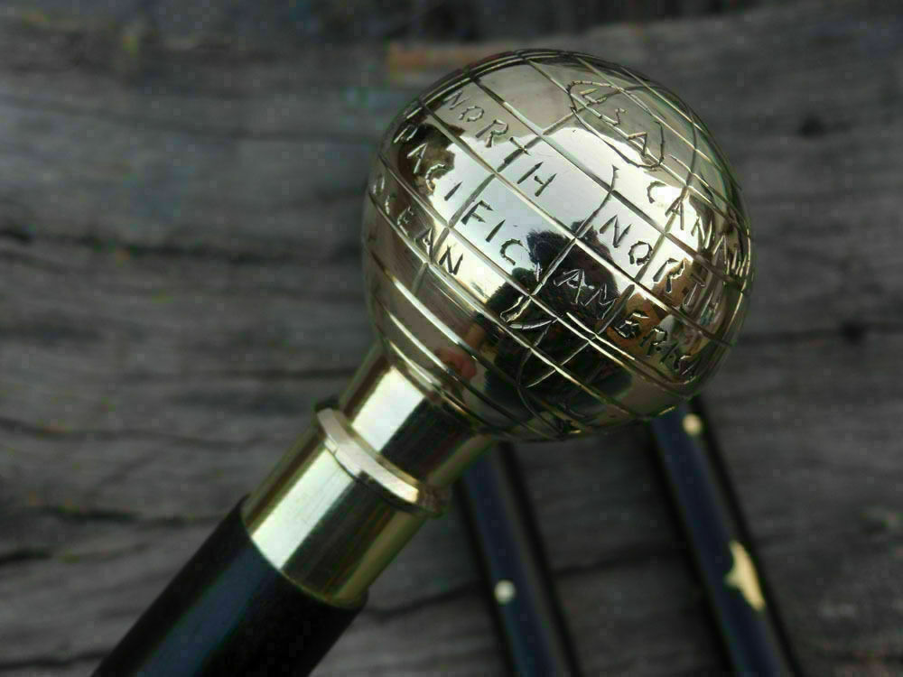 Nautical Design Brass Globe Head Handle Victorian Walking Stick Wooden Cane Gift