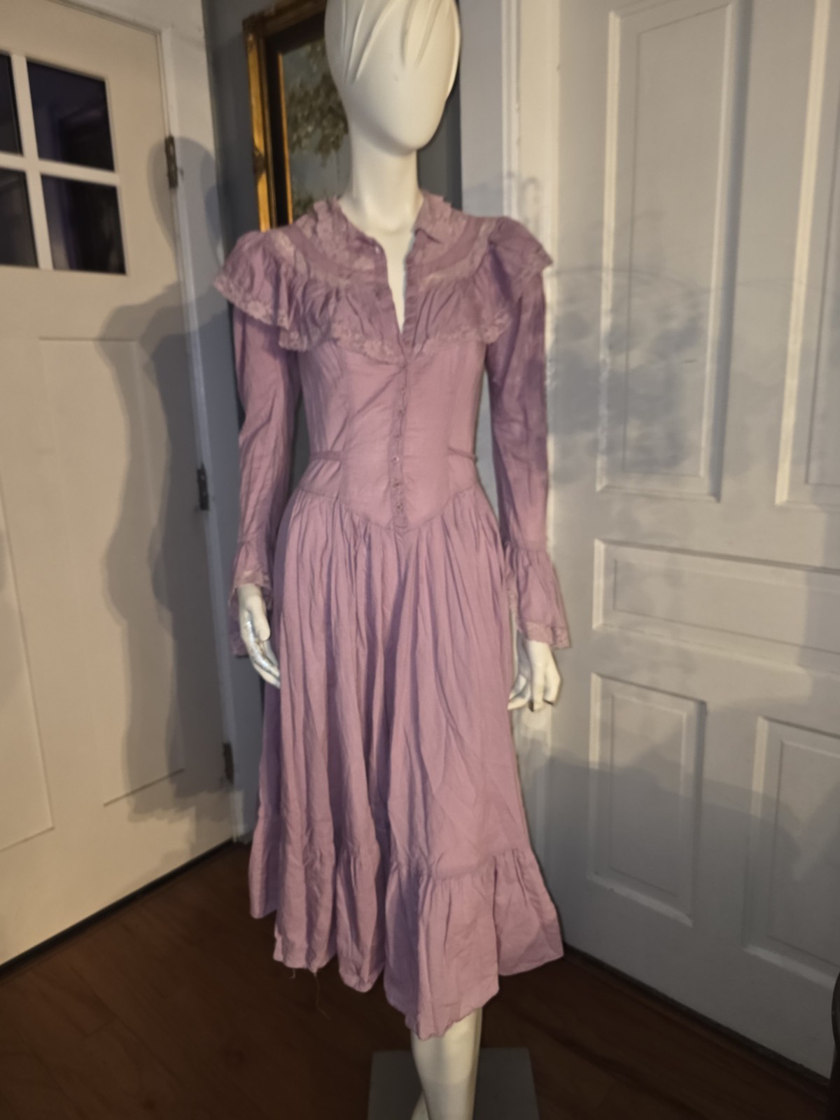 Vintage Foxy Lady 1970s Lilac Lavender Button Down Prairie Dress Cotton Xs/S