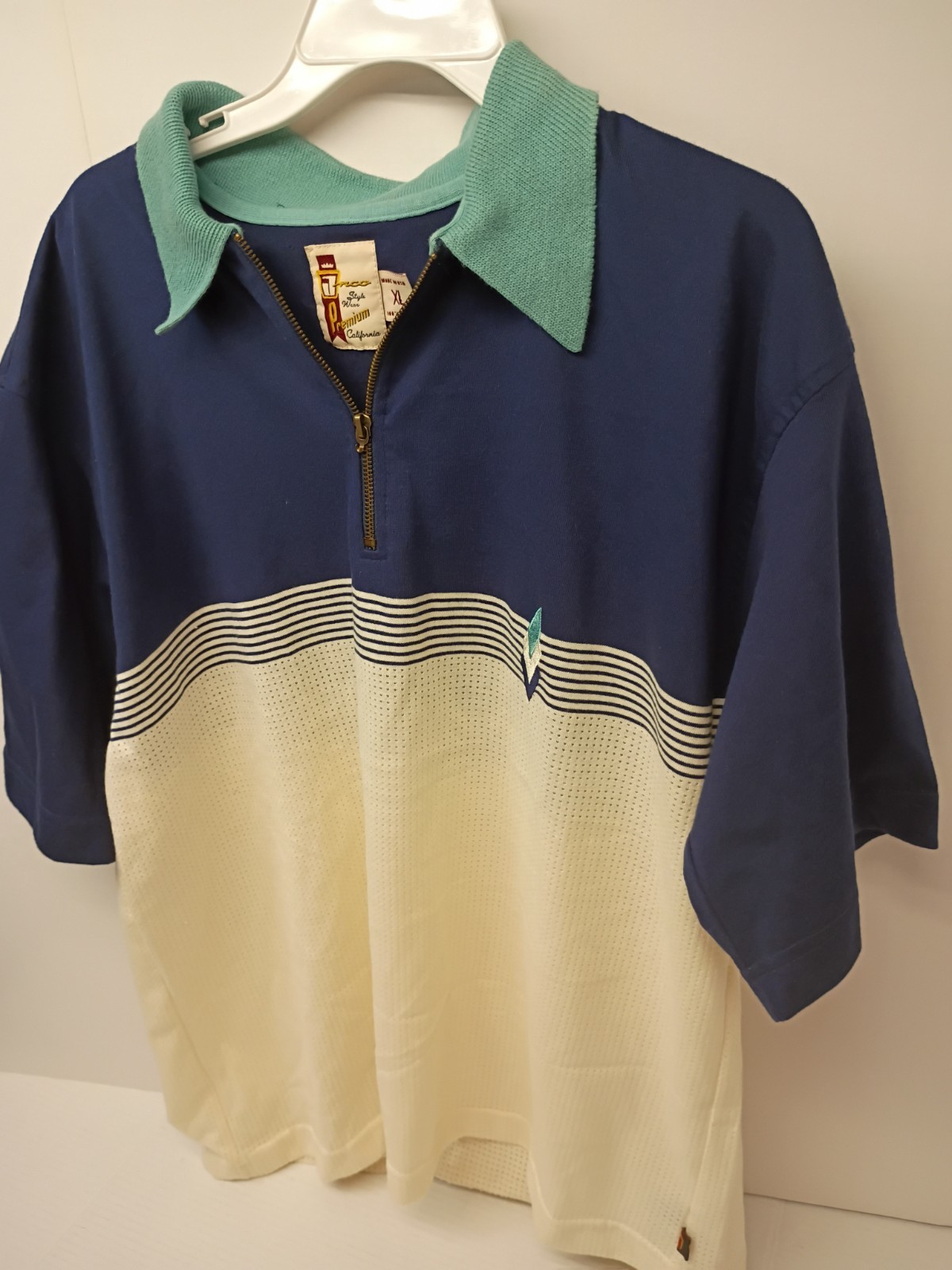 JNCO VTG Men’s XL Cotton Short Sleeve Half Zip Striped Polo Blue Green White