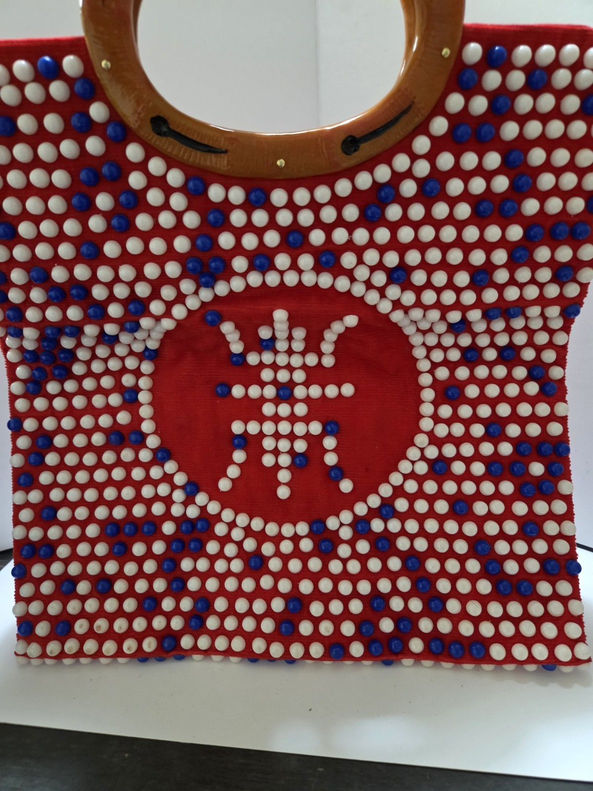 Vintage Beaded Purse With Wooden Handle