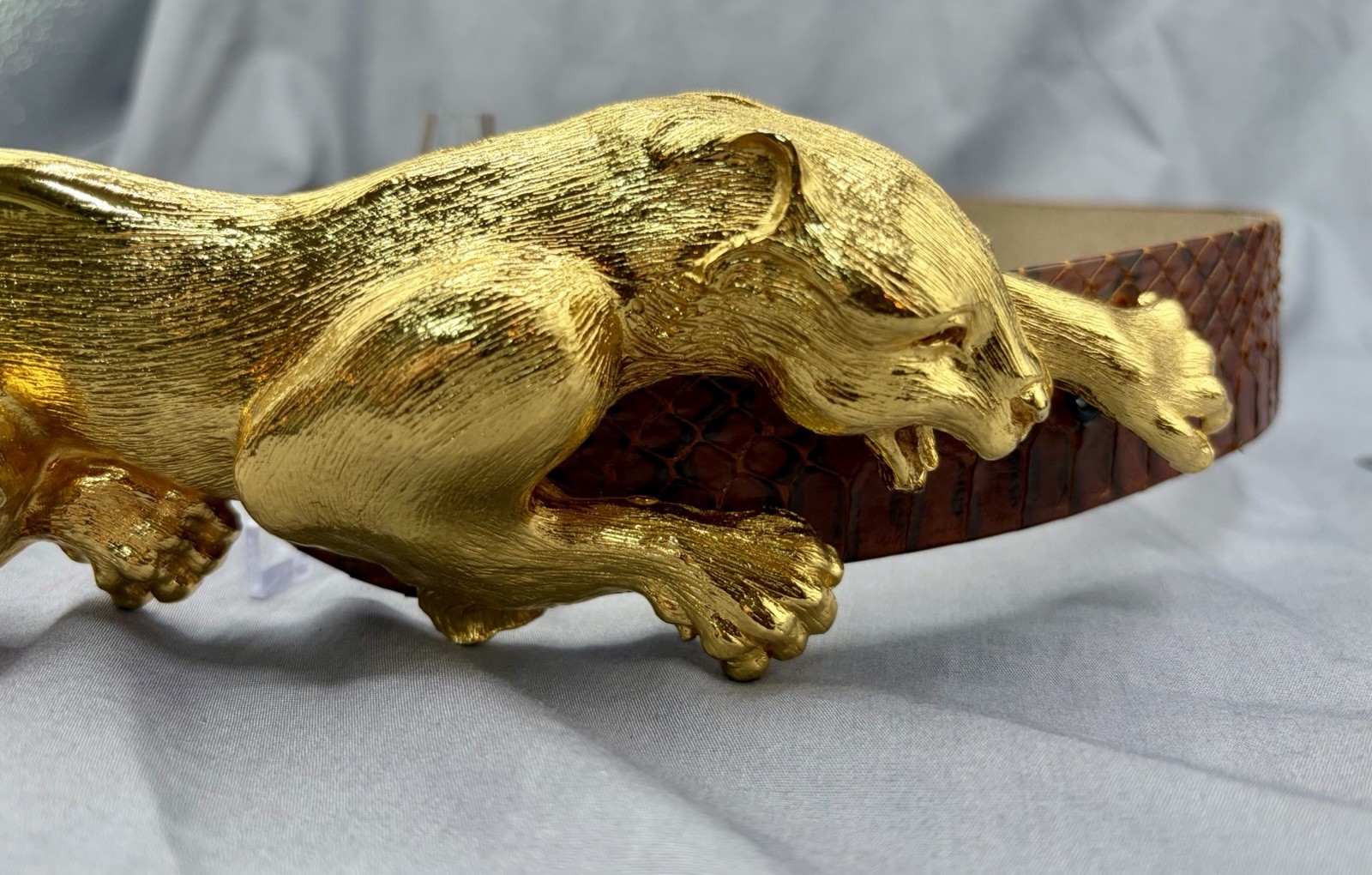 RARE Christopher Ross 24K Gold Plated Panther Signed Buckle 1985 Snakeskin Belt