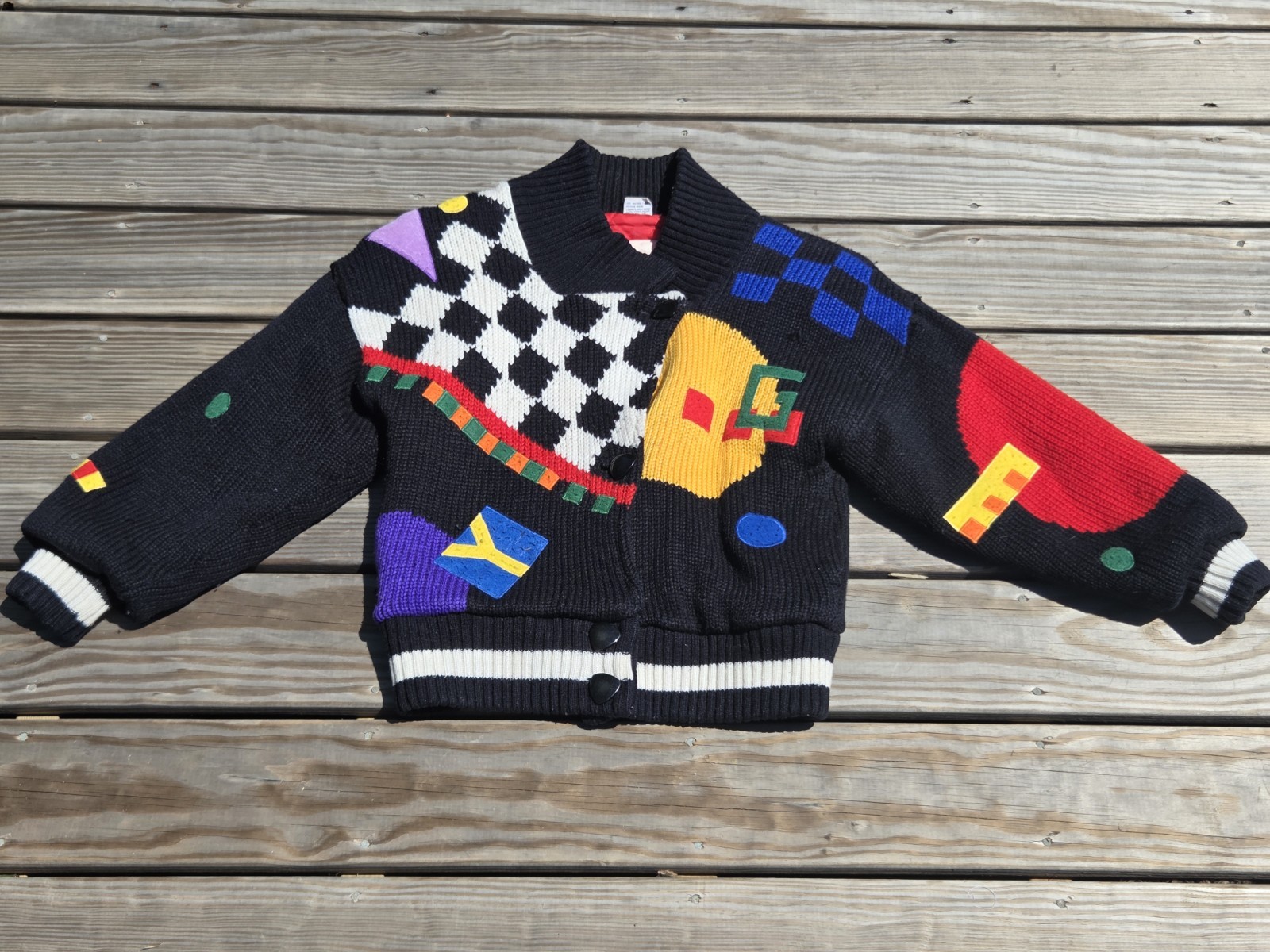 🖤Vintage 90s Abstract Geometric Sweater Jacket Black Colorblock Memphis Design