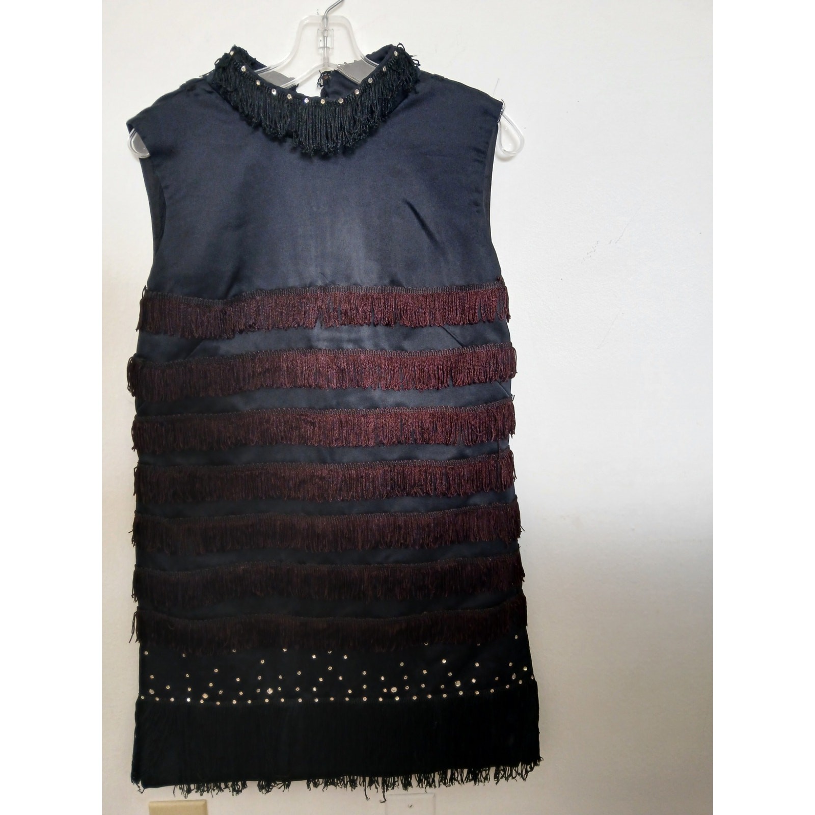 Vintage 1960’s Black Sleeveless Flapper Inspired Fringe Trimmed Dress Medium 6