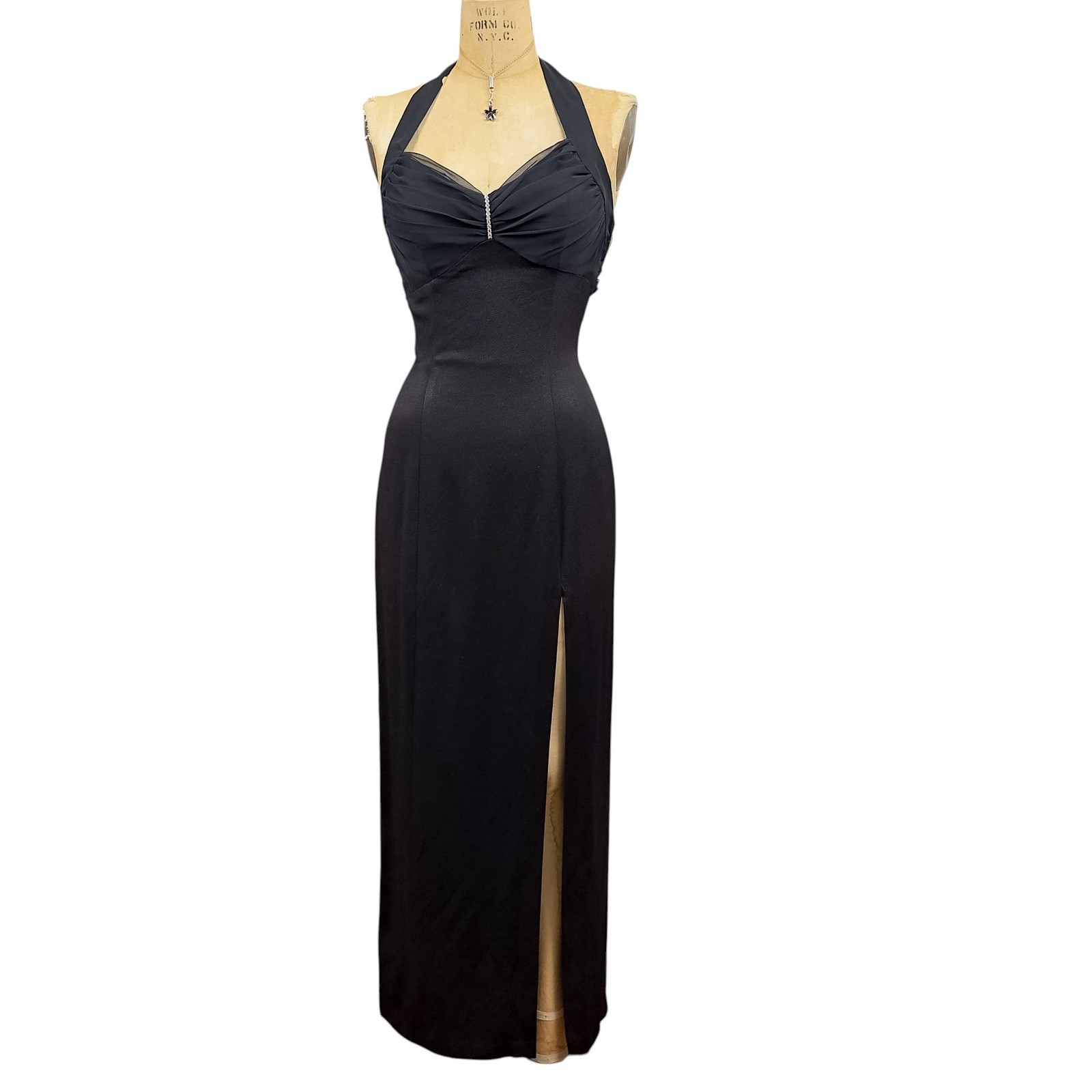 90s Black Halter Maxi Prom Dress Rhinestone Chiffon Bodice Side Slit Glam XS S