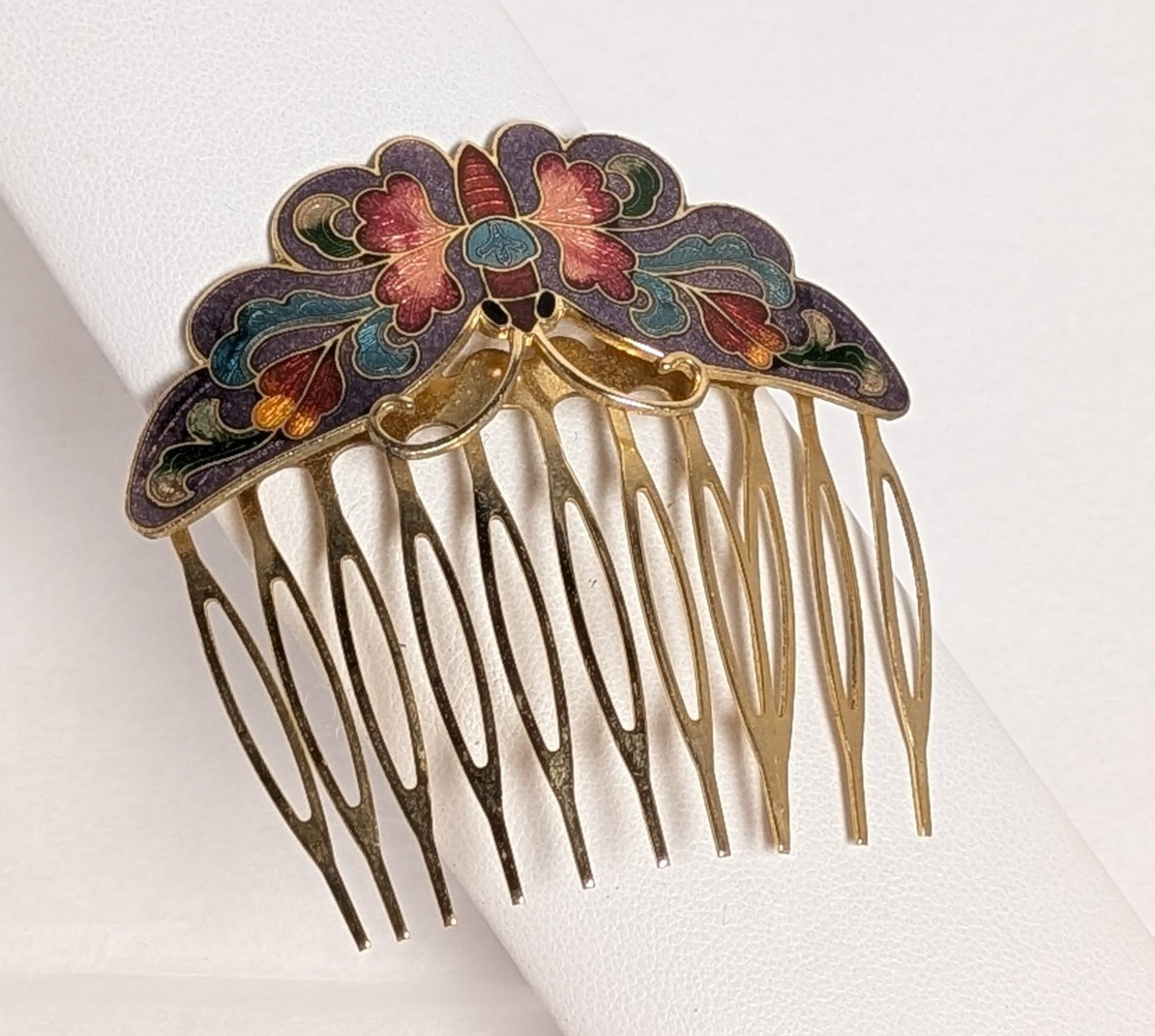 Vintage 80s Cloisonne Enamel Butterfly Moth Hair Comb Lavender Butterflies