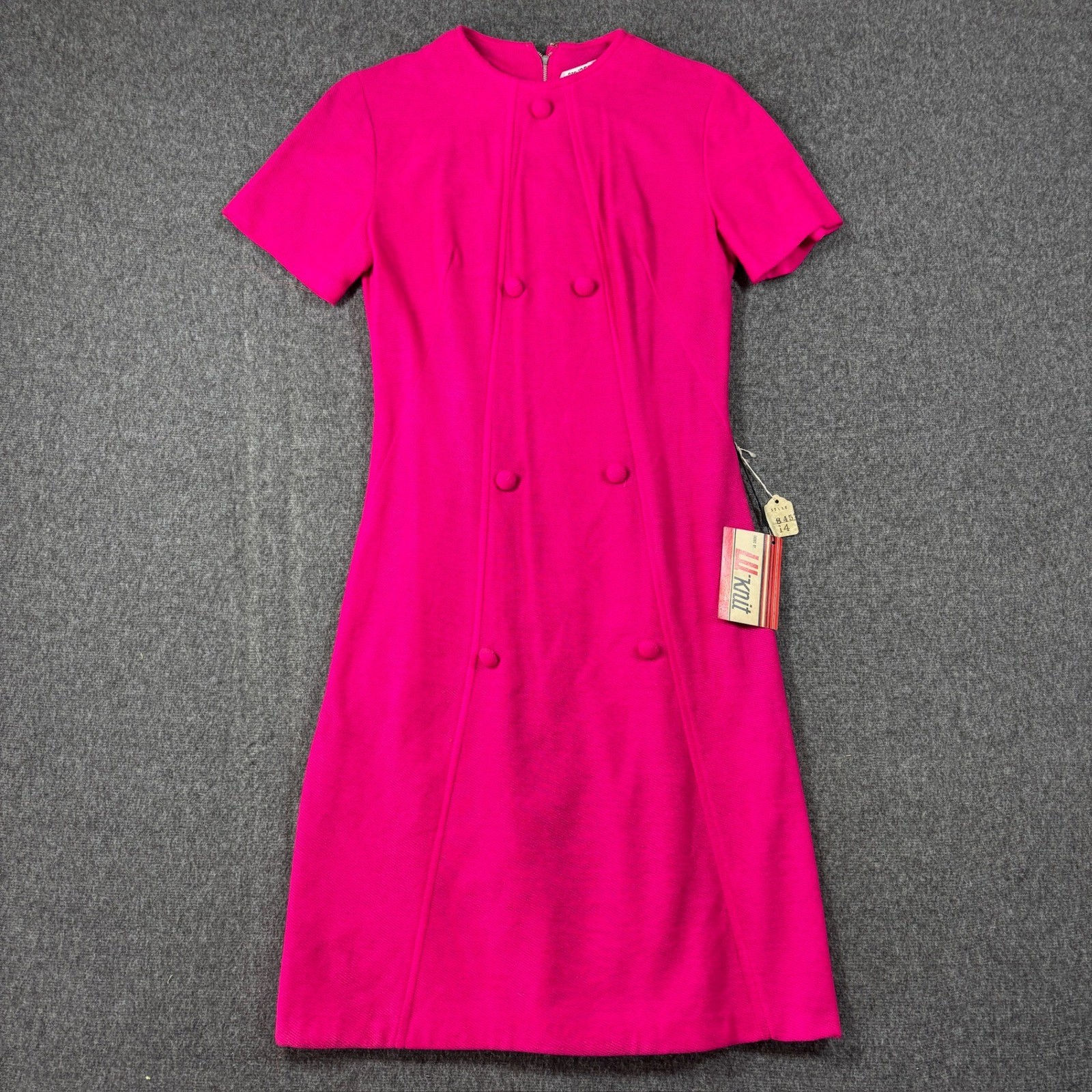 Vintage 60s Lu’knit Hot Pink Knit Short Sleeve Shift Dress Size 14 NWT