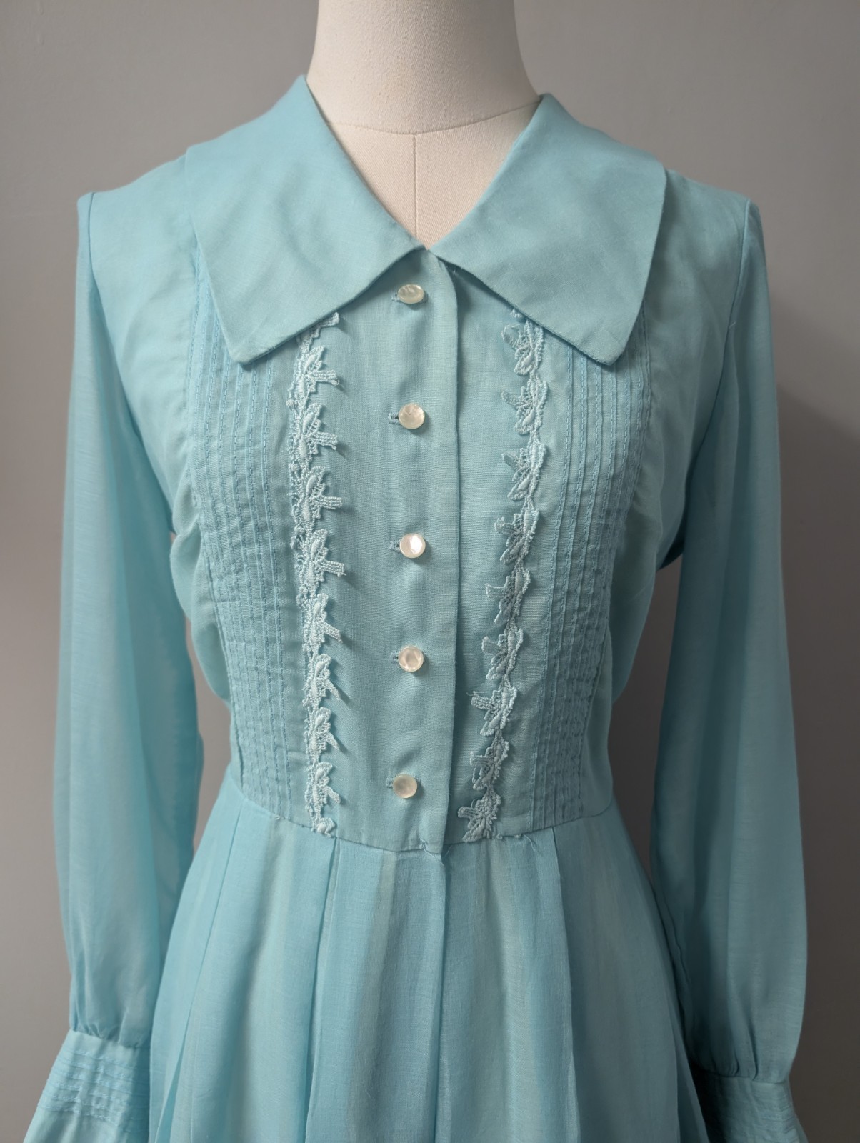 Vintage 60’s Aqua Voile Fit And Flare Dress Sheer Sleeves Pintucks S/M