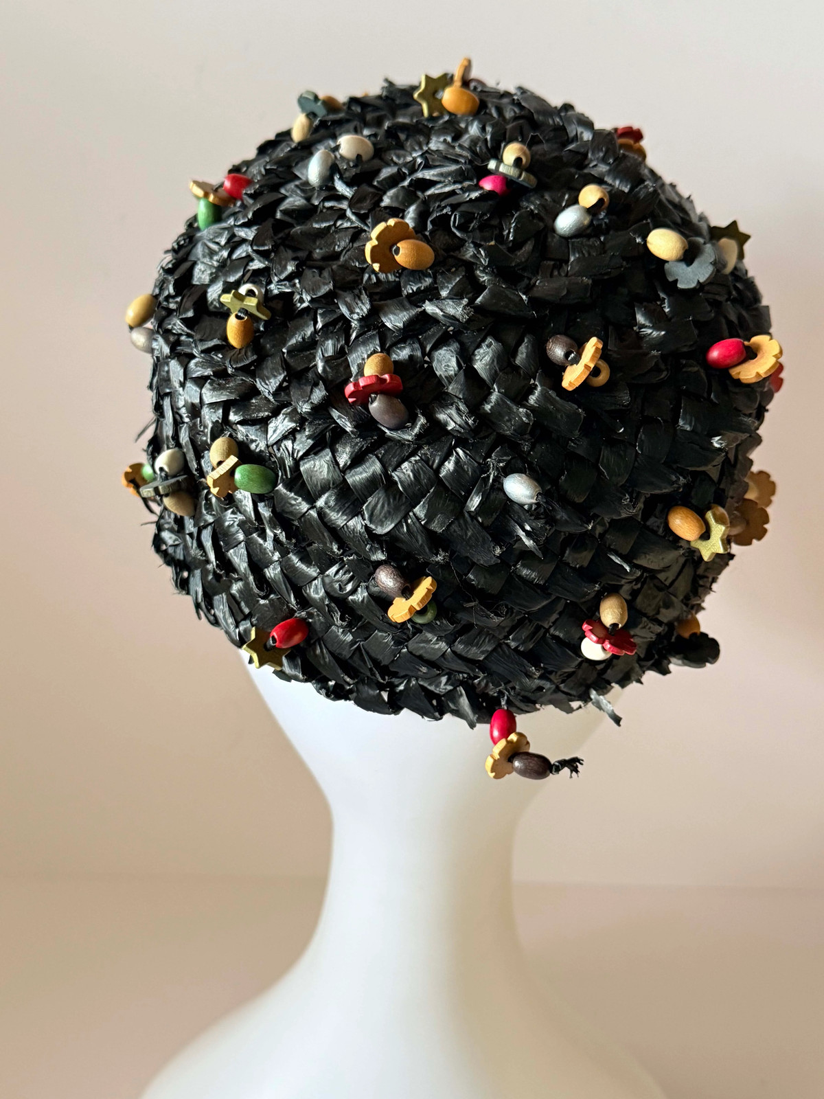 1950s Miss Sally Victor Black Raffia Pillbox Hat Wooden Bead Trim Vintage