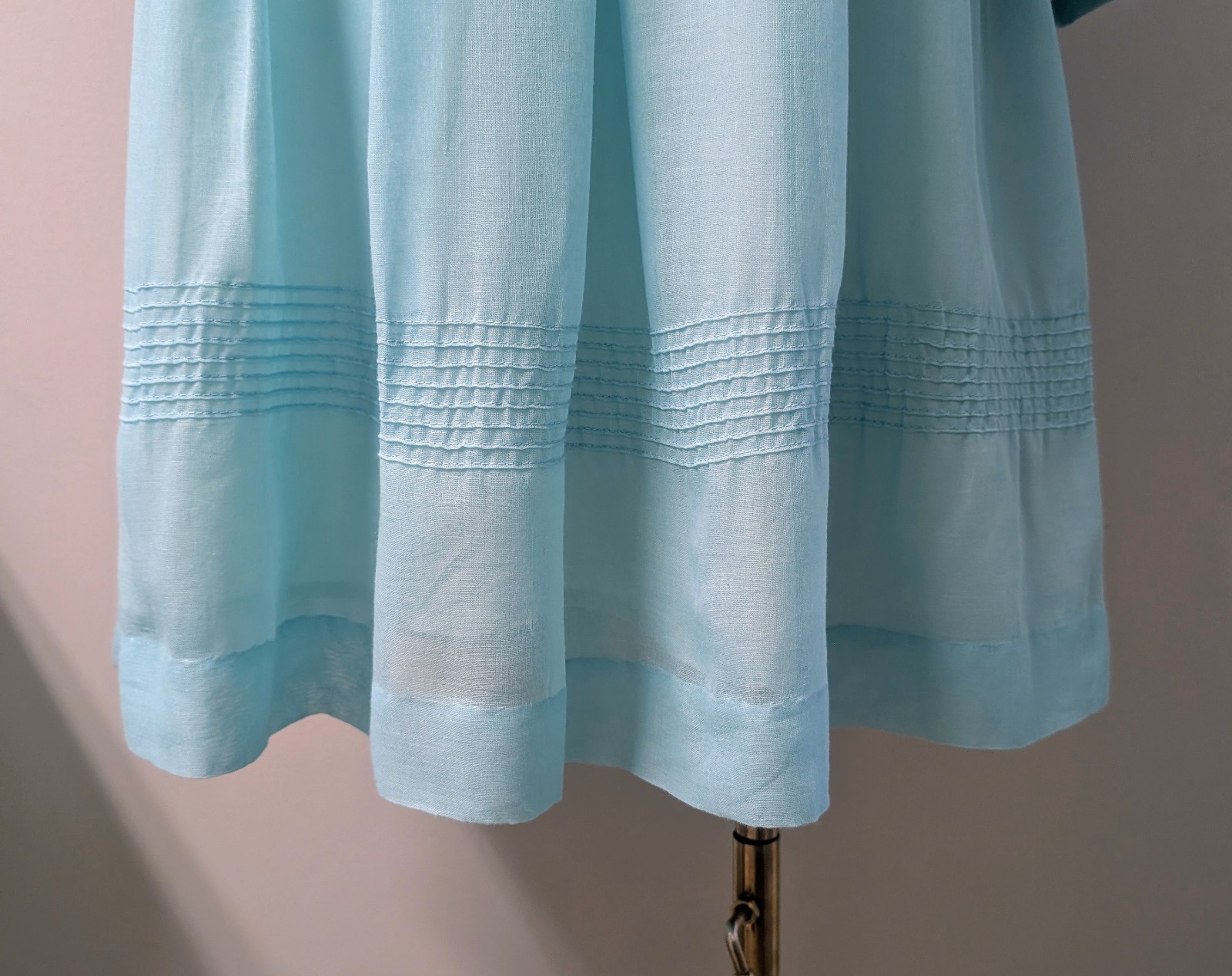 Vintage 60’s Aqua Voile Fit And Flare Dress Sheer Sleeves Pintucks S/M