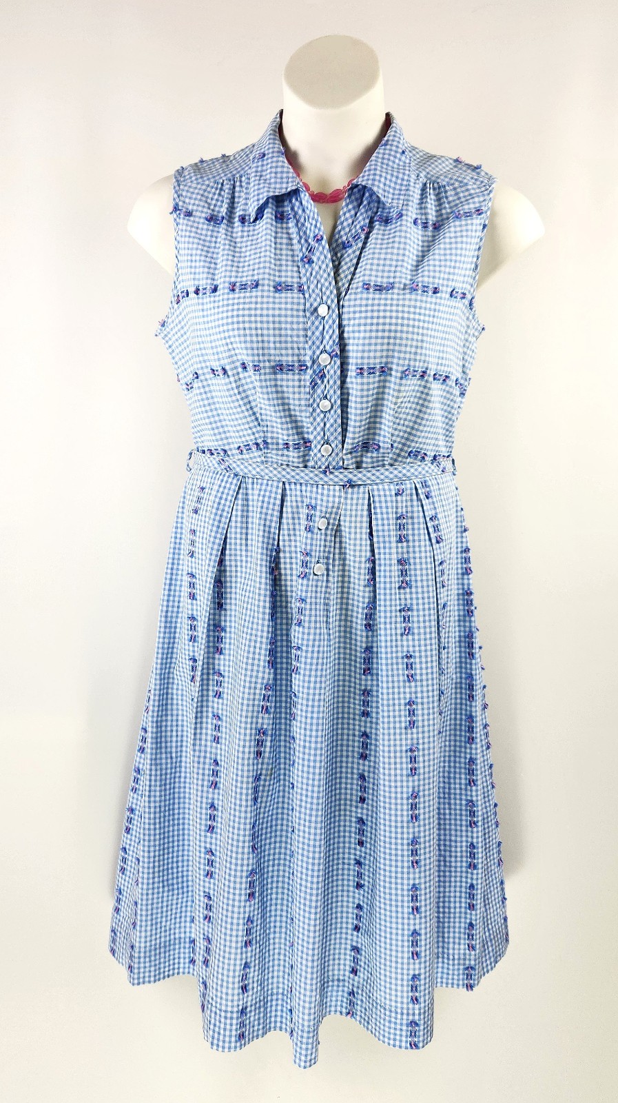 VTG 50S 60S SMALL Blue Gingham EMBROIDERED pink STRIPE ~house day work sun DRESS