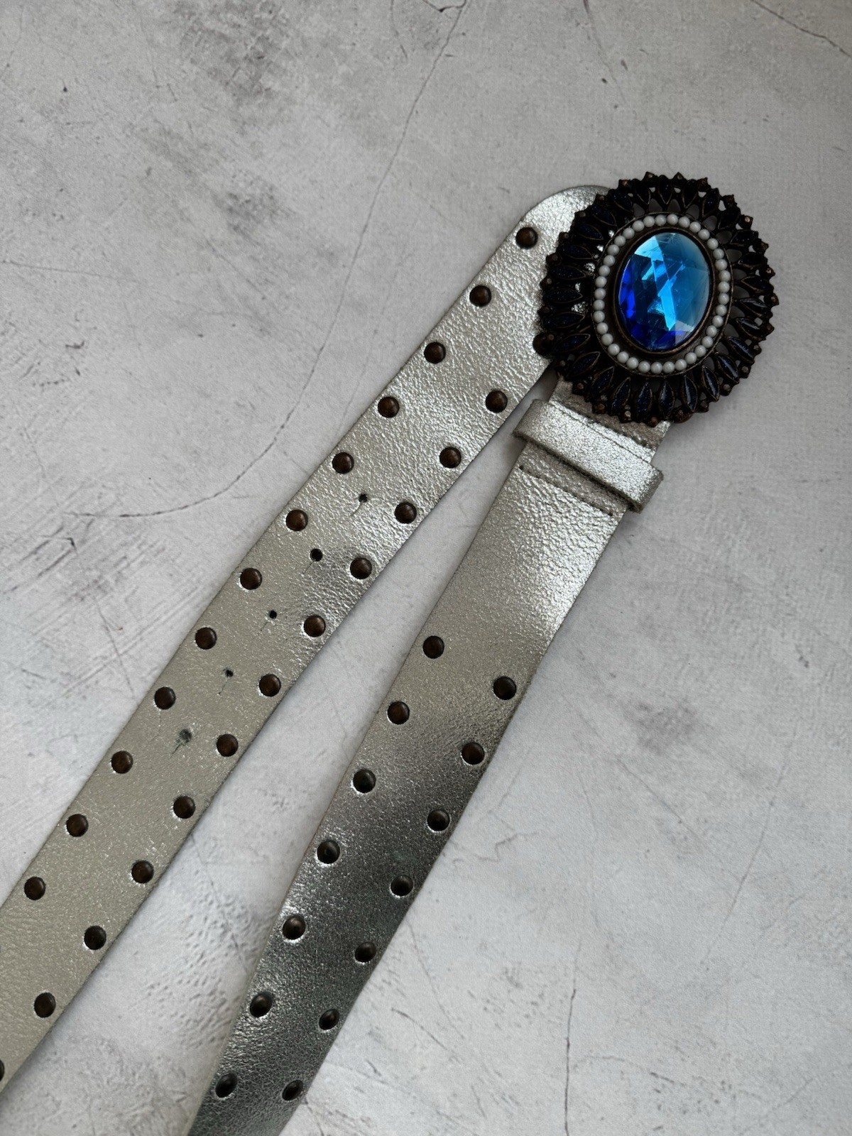 United Colors of Benetton Silver Leather Belt Blue Gem Studded Vintage