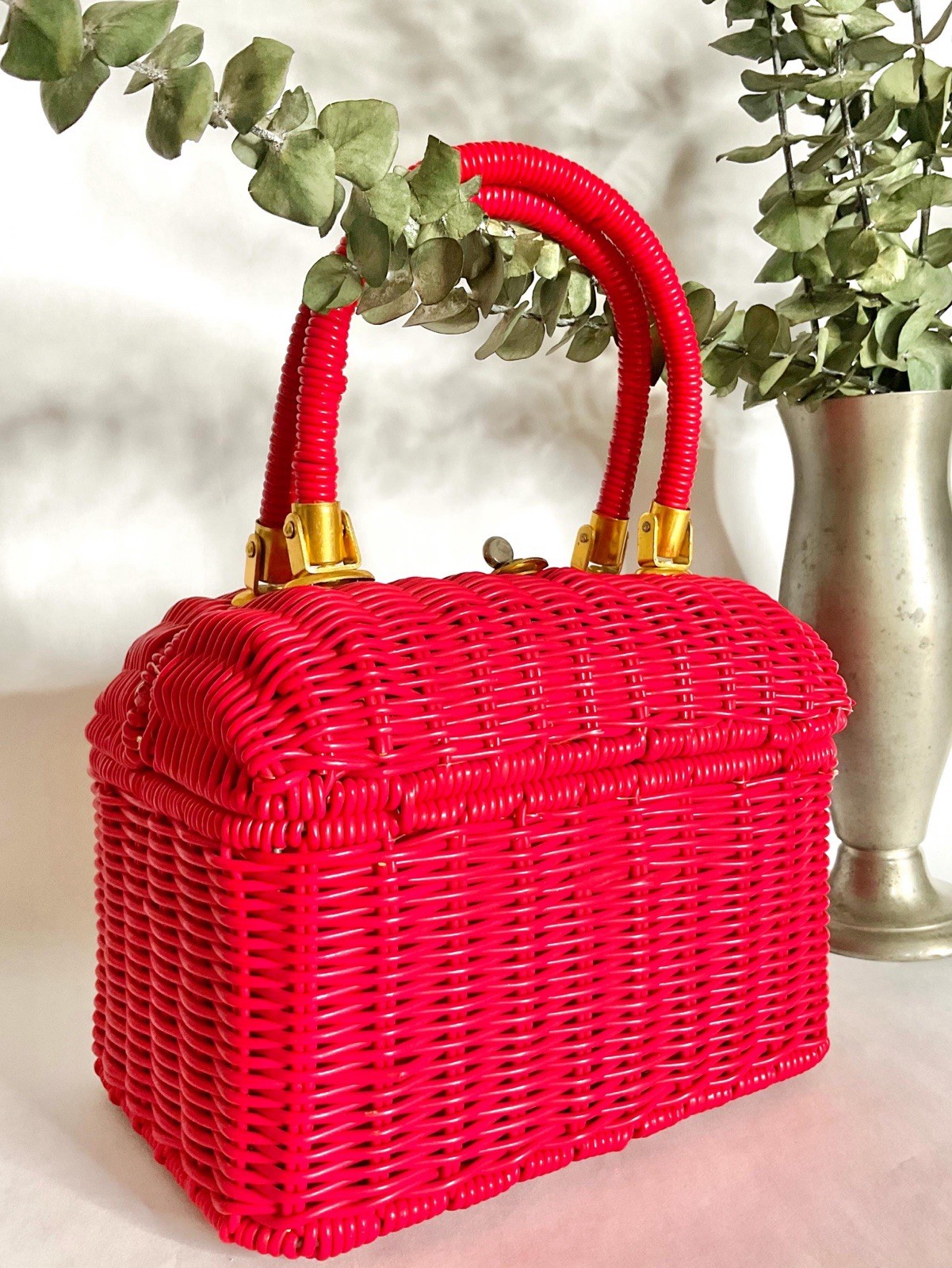 1960s Red Coated Wicker Box Purse, Vtg 60s Handbags, Mid Century MCM Rockabilly