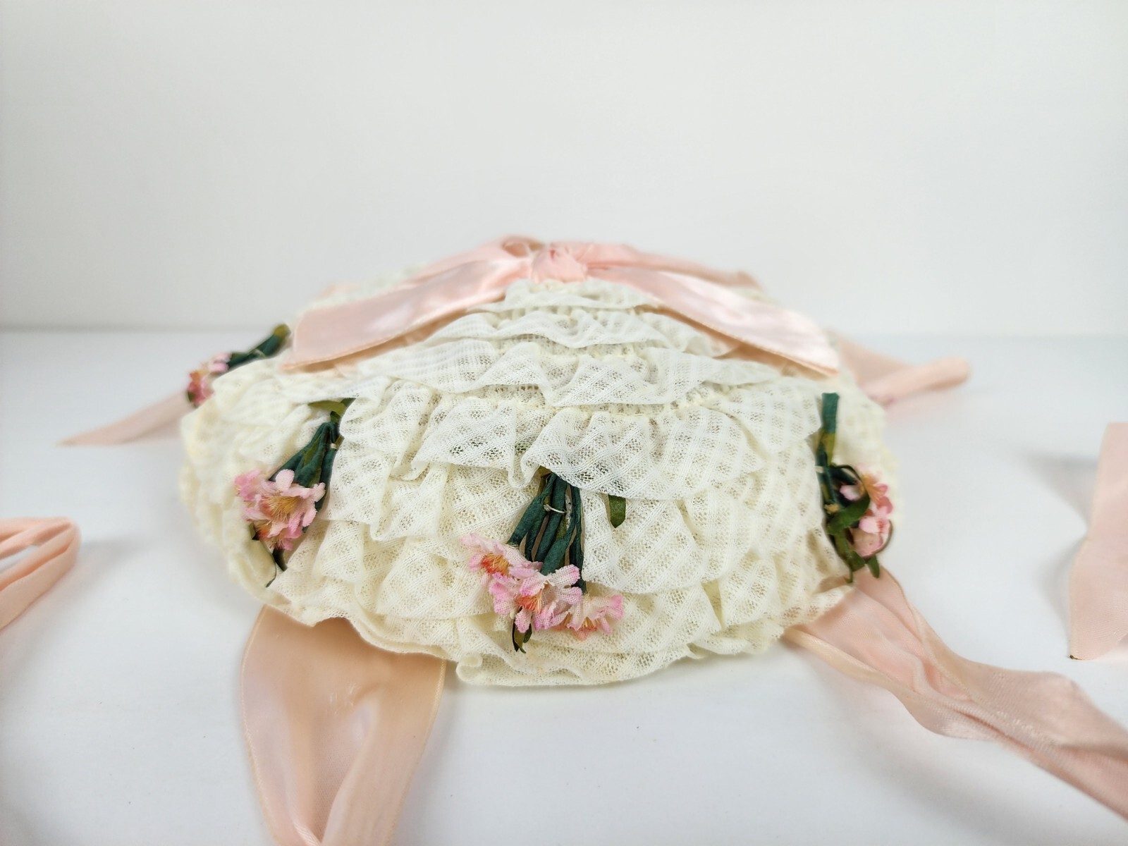 Antique Vintage Pillbox Hat White And Pink Floral With Lace With Ribbon